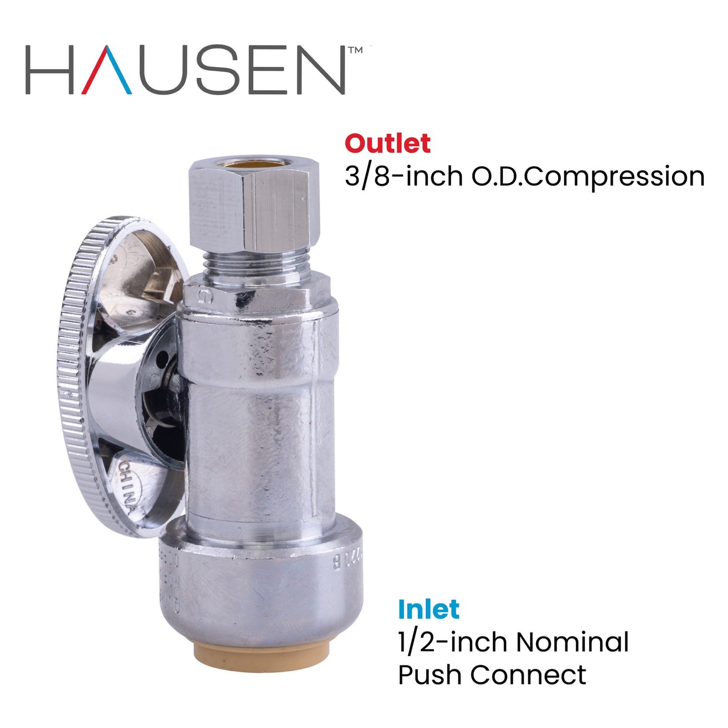 Hausen 1/2-inch Nominal Push Connect Inlet x 3/8-inch O.D. Compression Outlet 1/4-Turn Straight Water Stop, 1-Pack