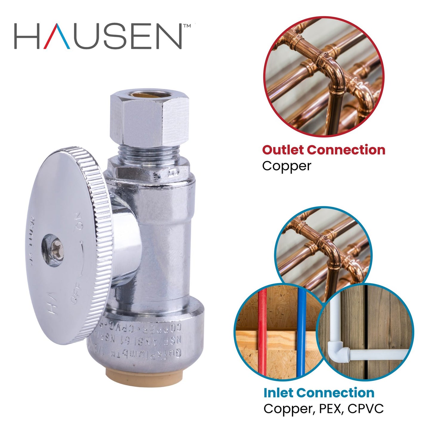 Hausen 1/2-inch Nominal Push Connect Inlet x 3/8-inch O.D. Compression Outlet 1/4-Turn Straight Water Stop, 1-Pack