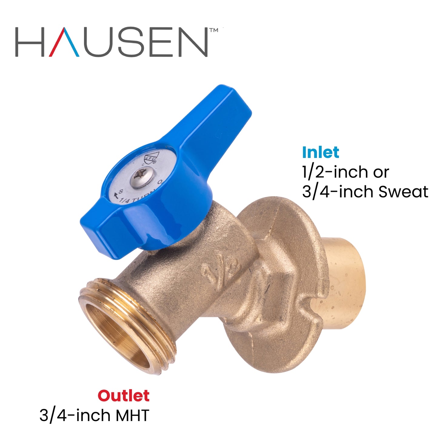 Hausen 1/2-inch or 3/4-inch Spigot Sweat x 3/4-inch MHT Brass Sillcock Valve with 1/4-Turn Lever Handle Shutoff, 1-Pack