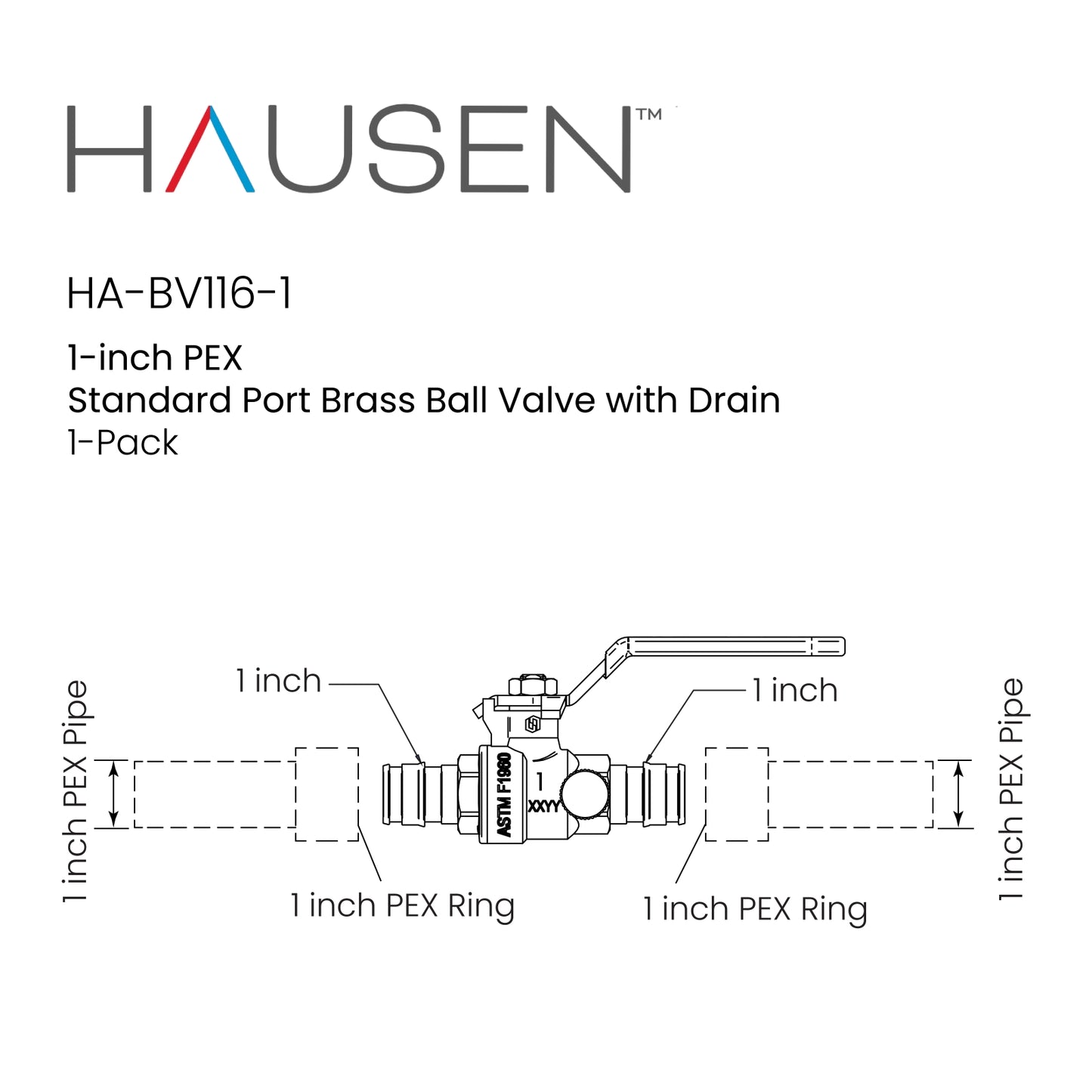Hausen 1-inch PEX Standard Port Brass Ball Valve with Drain, 1-Pack