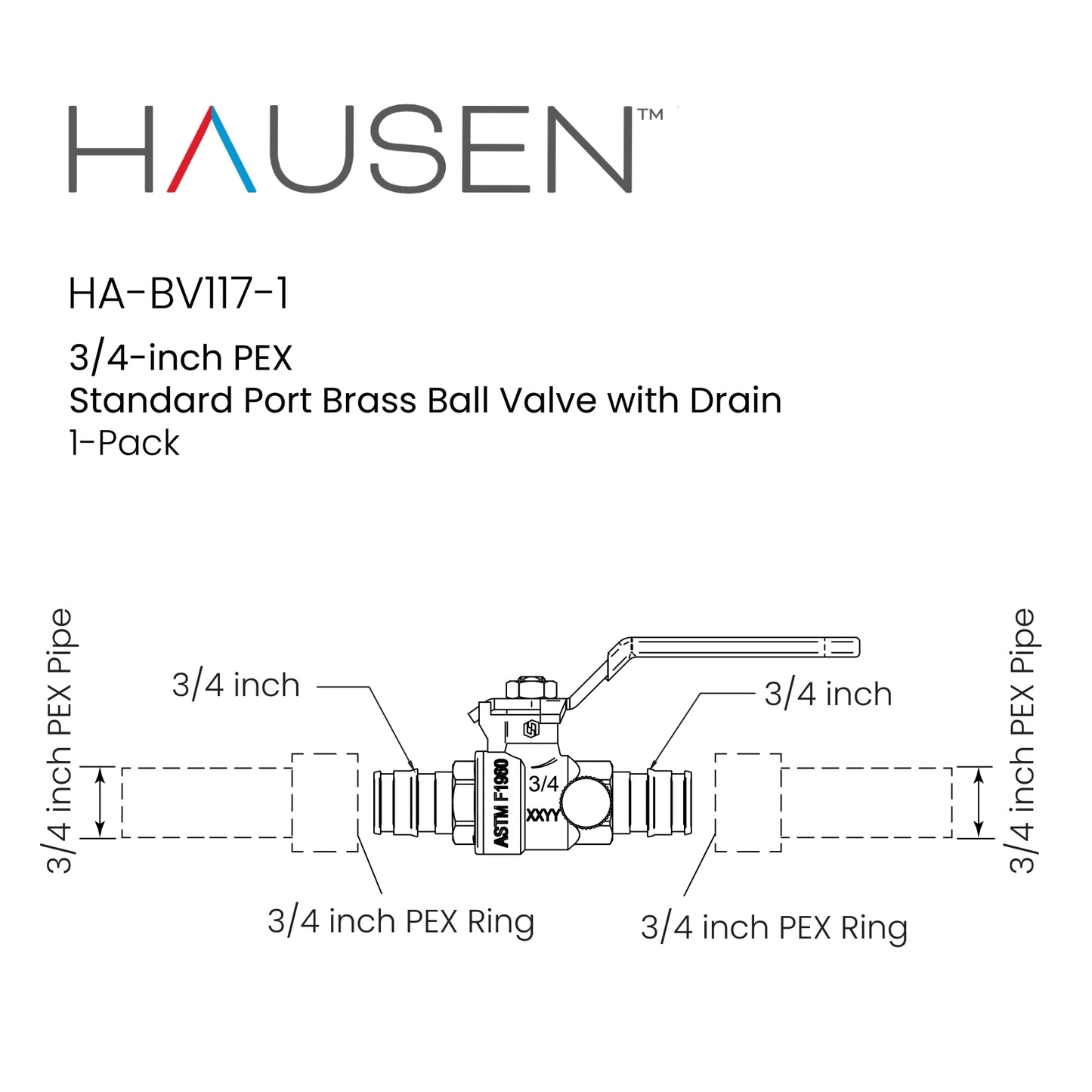 Hausen 3/4-inch PEX Standard Port Brass Ball Valve with Drain, 1-Pack