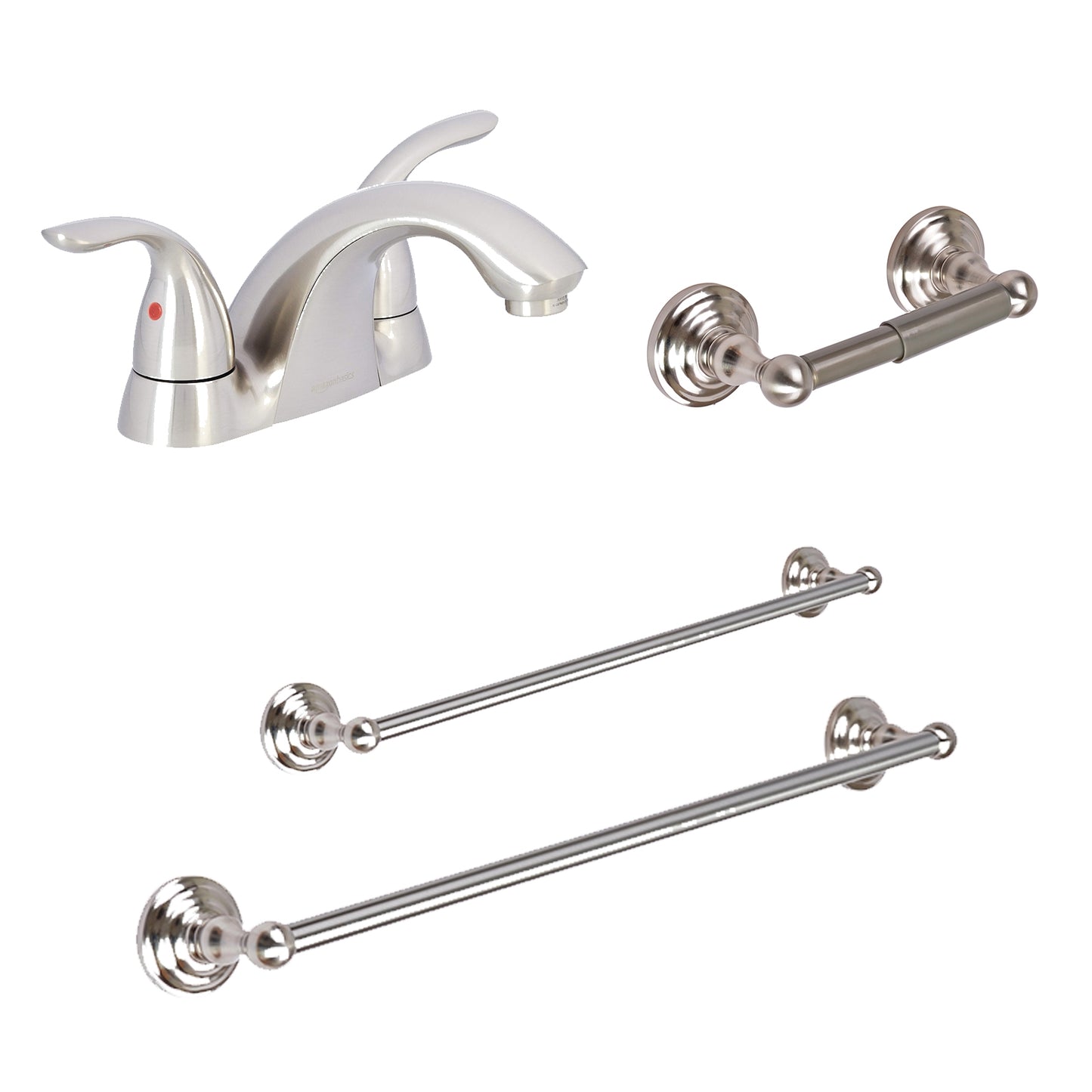 Satin Nickel 4-inch Two-Handle Bathroom Faucet 3-Hole Installation + Satin Nickel 24-inch Towel Bar + Satin Nickel 18-inch Towel Bar + Satin Nickel Toilet Paper Holder