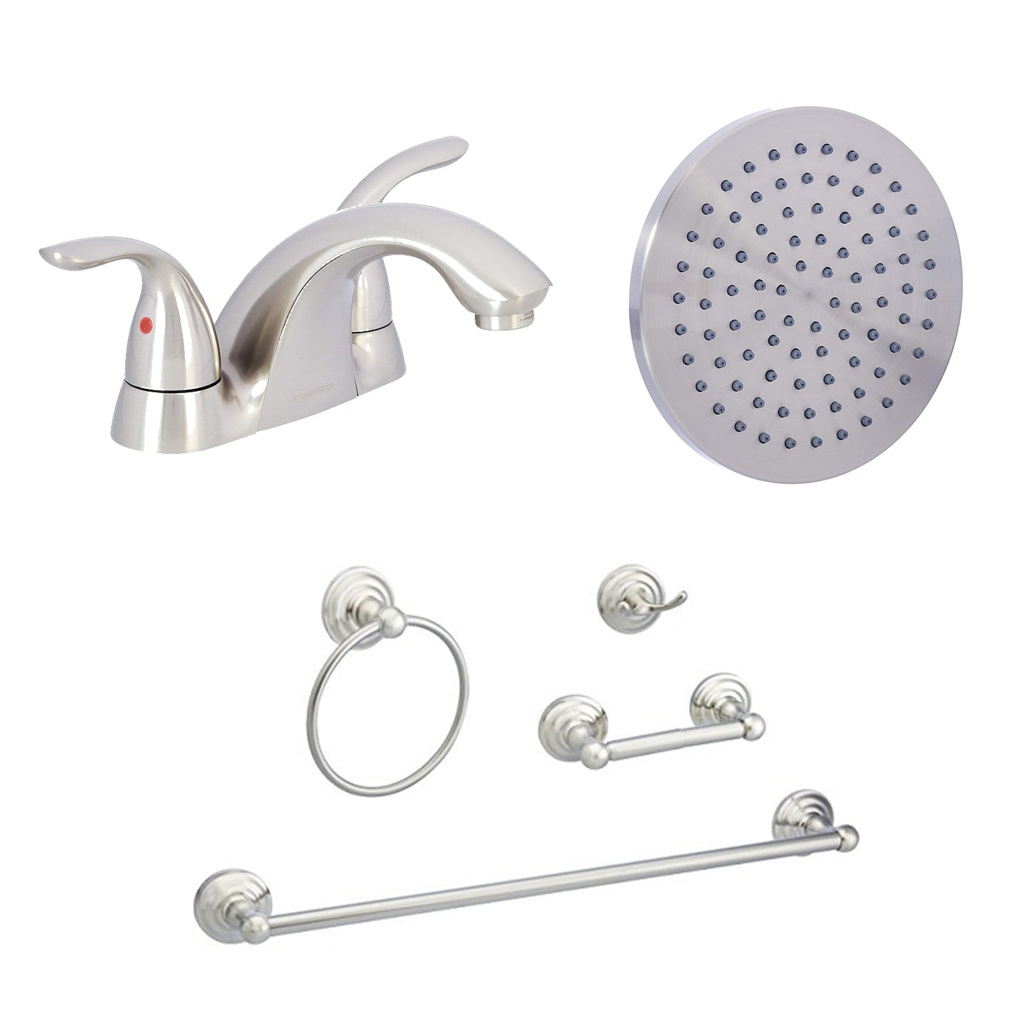 Satin Nickel 6-inch Rain Shower Head + Satin Nickel 4-inch Two-Handle Bathroom Faucet 3-Hole Installation + 4-Piece Bathroom Accessories Set Including Towel Ring, Standart Toilet Paper Holder, 24-inch Towel Bar, and Robe Hook