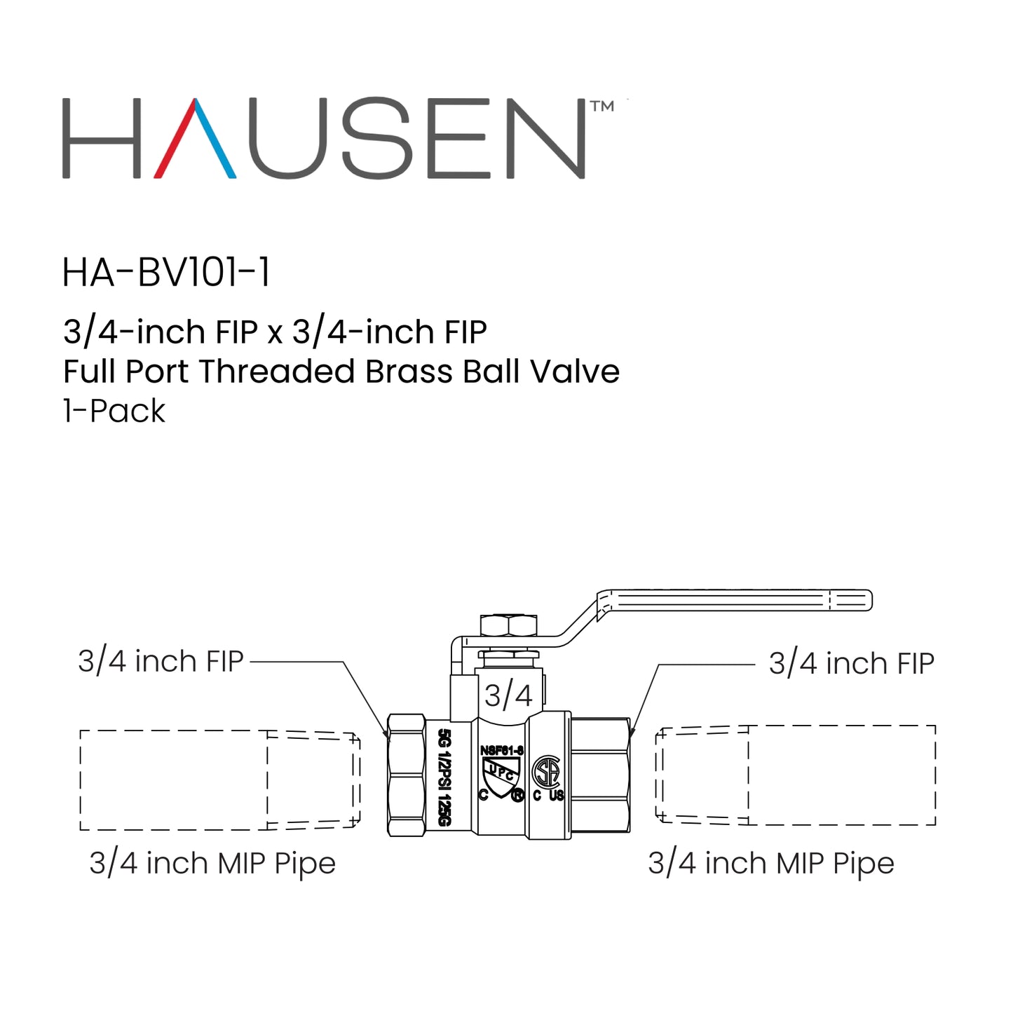 Hausen 3/4-inch FIP x 3/4-inch FIP Full Port Threaded Brass Ball Valve, 1-Pack