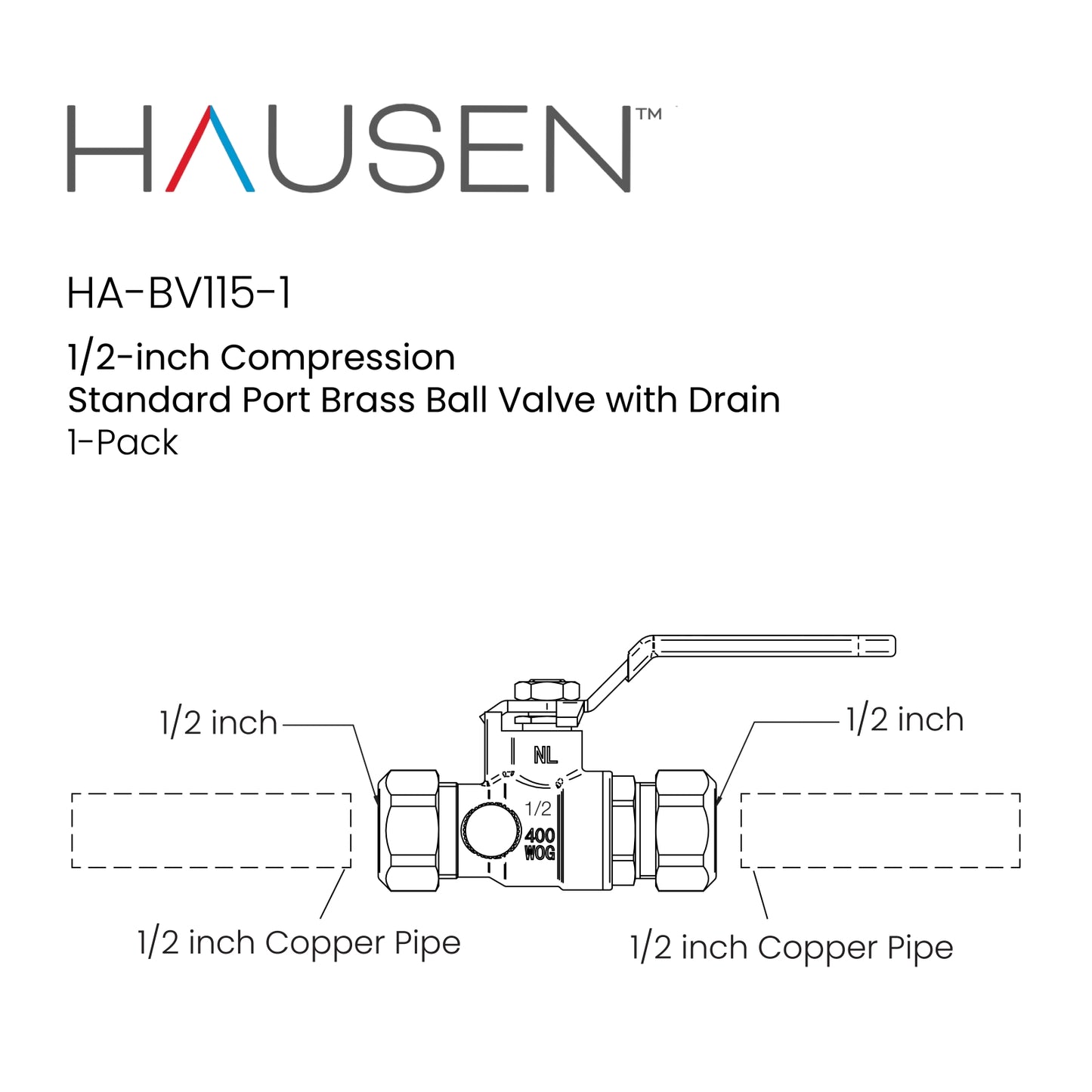 Hausen 1/2-inch Compression Standard Port Brass Ball Valve with Drain, 1-Pack