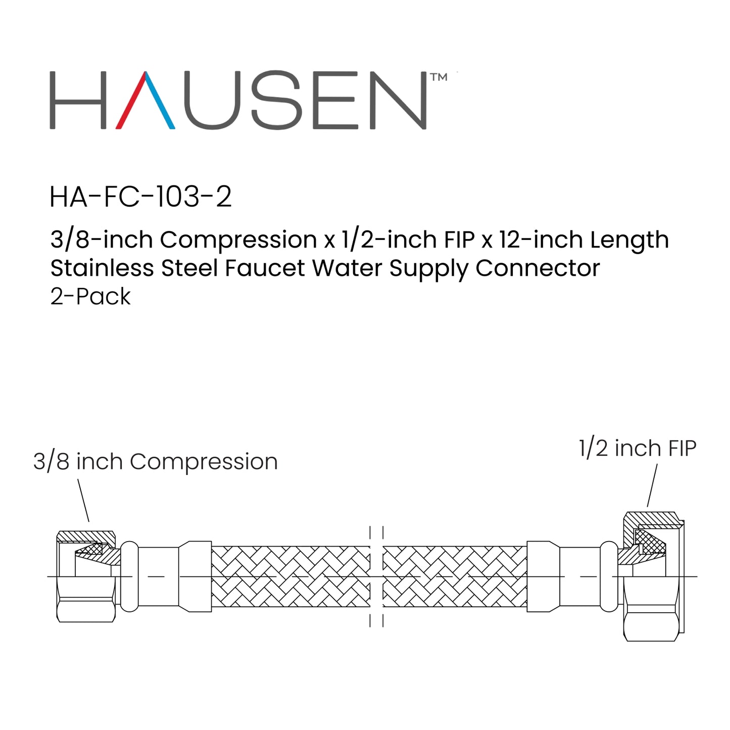 Hausen 3/8-inch Compression x 1/2-inch FIP x 12-inch Length Stainless Steel Faucet Water Supply Connector, 2-Pack