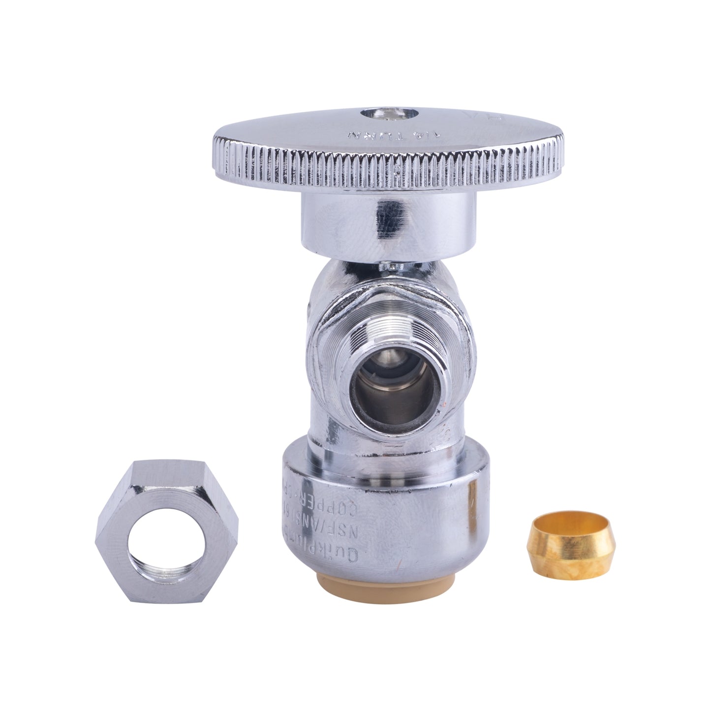 Hausen 1/2-inch Nominal Push Connect Inlet x 3/8-inch O.D. Compression Outlet 1/4-Turn Angle Water Stop, 1-Pack