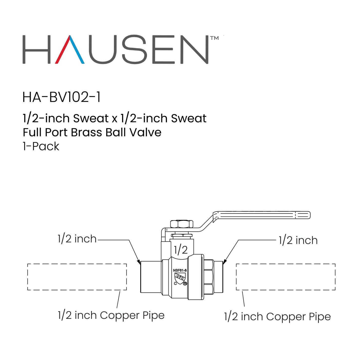 Hausen 3/4-inch Sweat x 3/4-inch Sweat Full Port Brass Ball Valve, 1-Pack