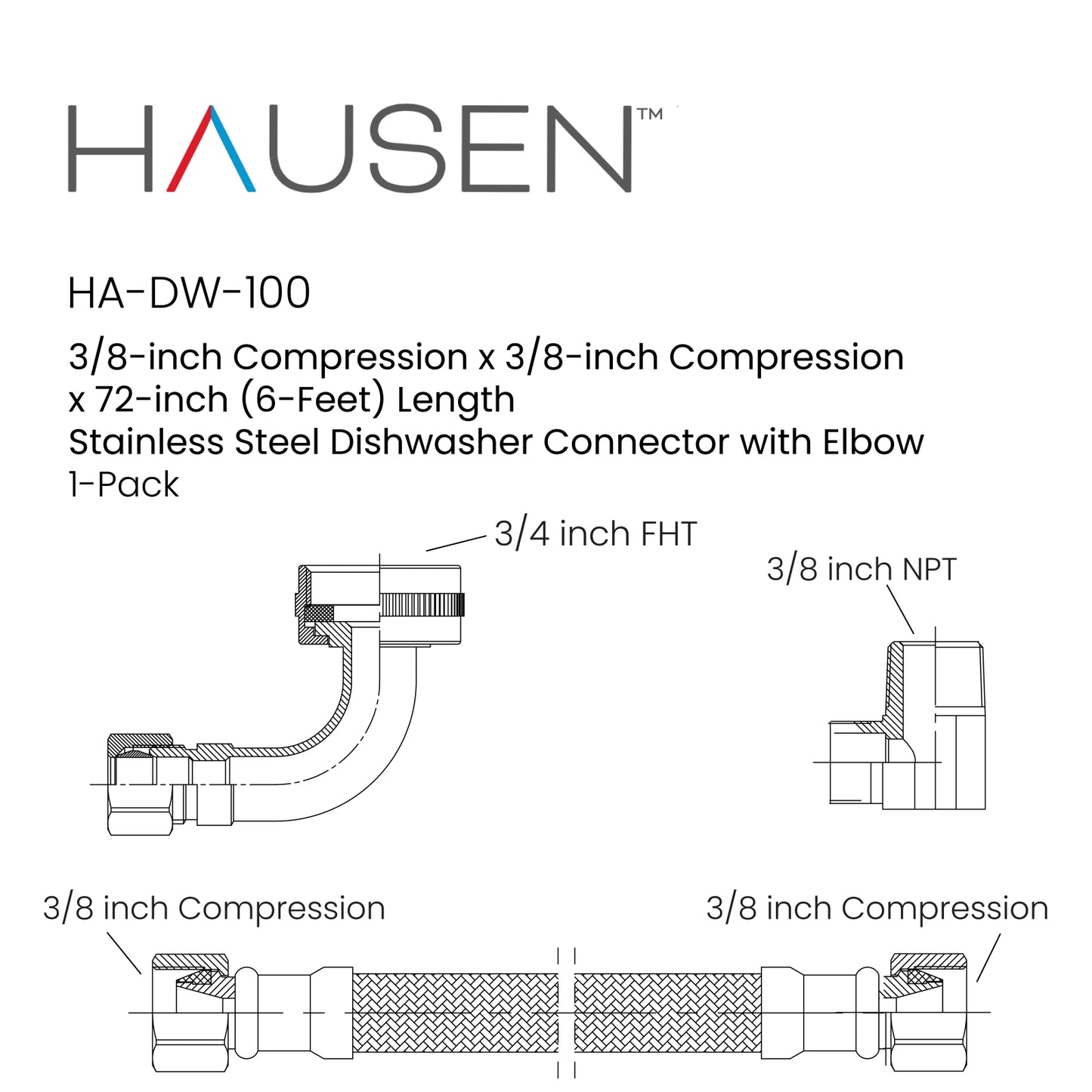Hausen 3/8-inch Compression x 3/8-inch Compression x 72-inch (6-Feet) Length Stainless Steel Dishwasher Connector with Elbow; Lead Free; cUPC and NSF-61 Certified; Compatible with Most Dishwashers, 1-Pack