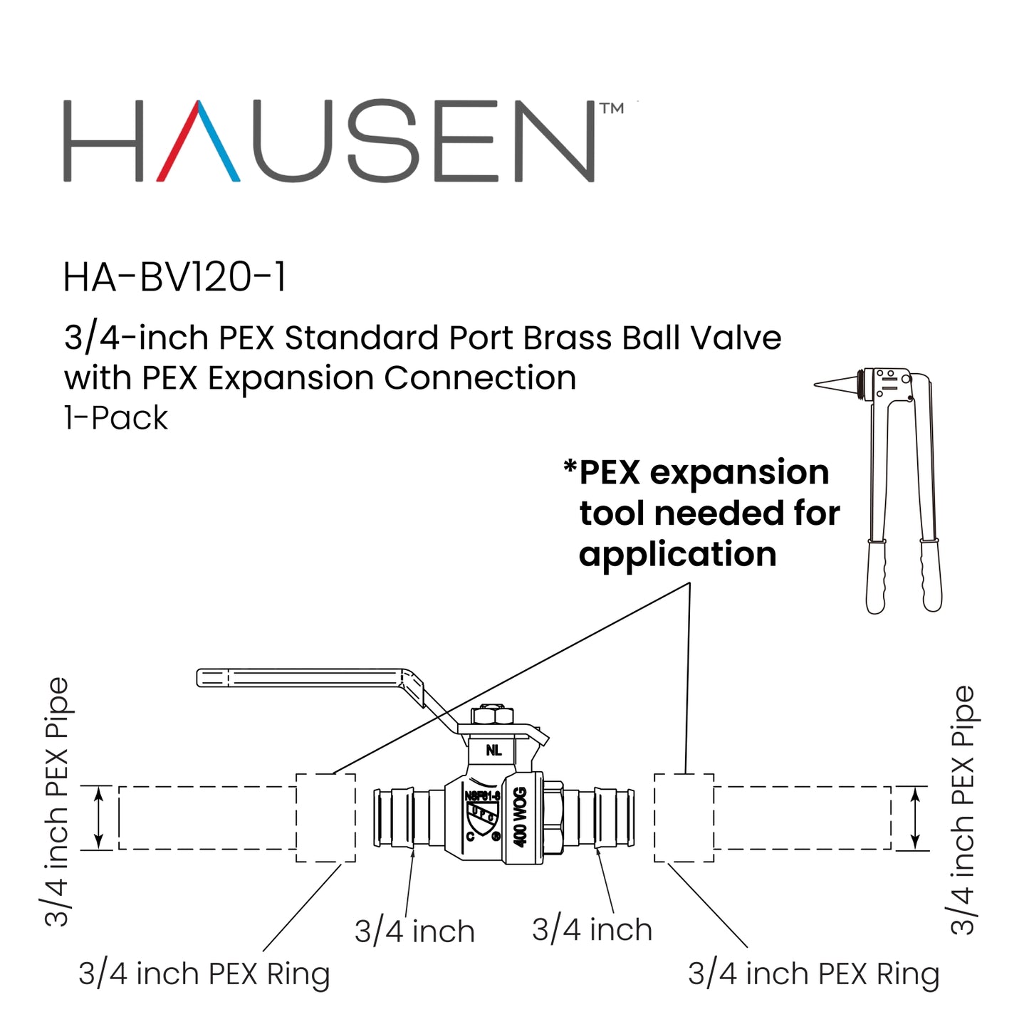 Hausen 3/4-inch PEX Standard Port Brass Ball Valve with PEX Expansion Connection, 1-Pack