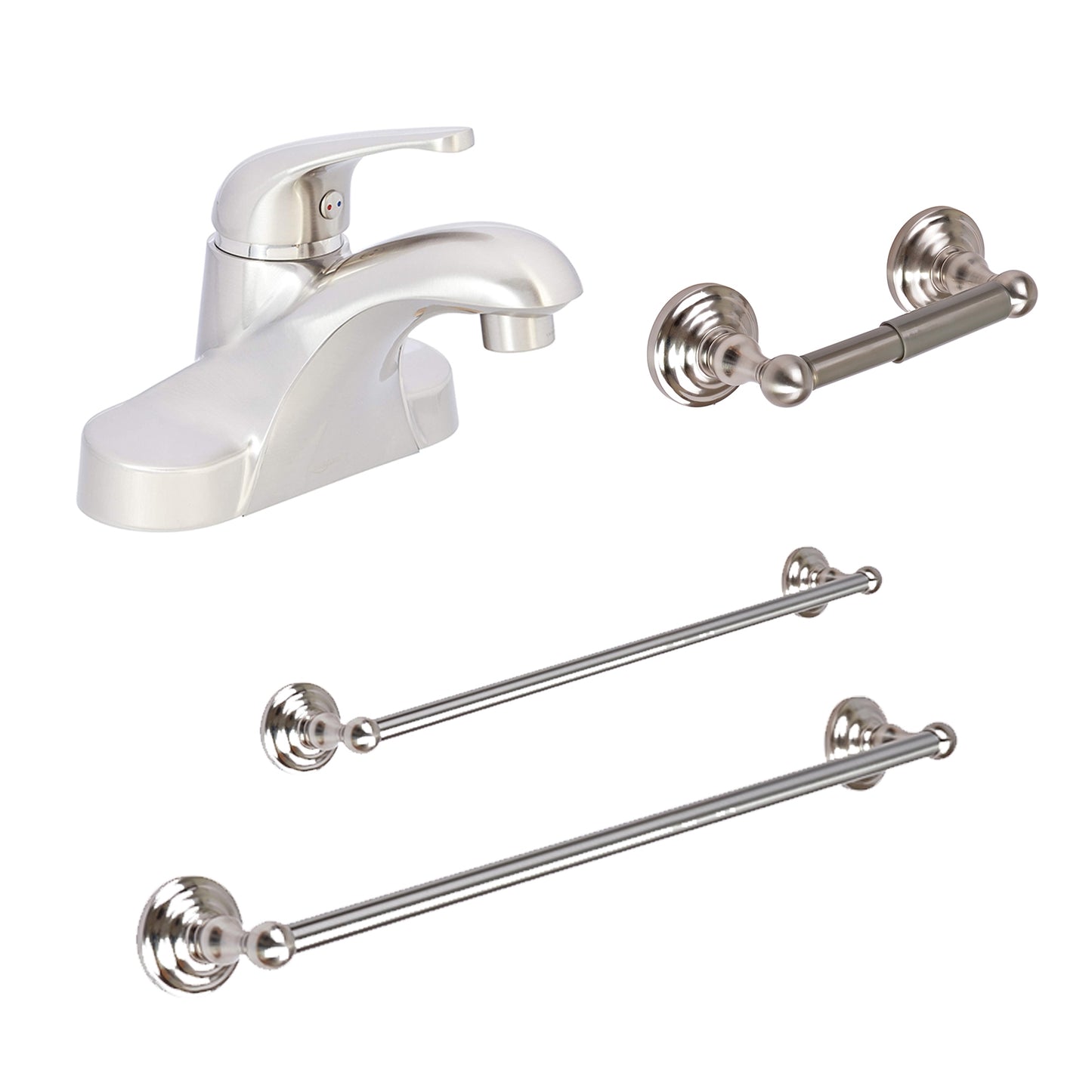 Satin Nickel 4-inch 1-Handle Bathroom Faucet 3-Hole Installation + Satin Nickel 24-inch Towel Bar + Satin Nickel 18-inch Towel Bar + Satin Nickel Toilet Paper Holder