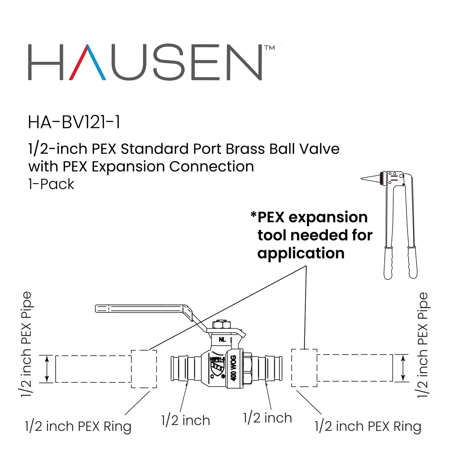 Hausen 1/2-inch PEX Standard Port Brass Ball Valve with PEX Expansion Connection, 1-Pack