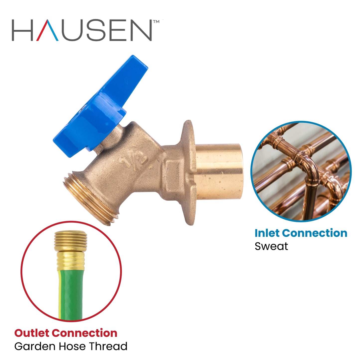 Hausen 1/2-inch or 3/4-inch Spigot Sweat x 3/4-inch MHT Brass Sillcock Valve with 1/4-Turn Lever Handle Shutoff, 1-Pack