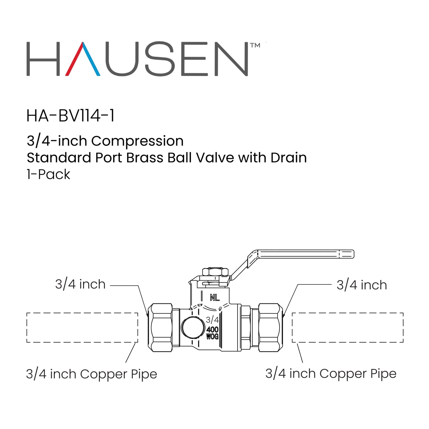 Hausen 3/4-inch Compression Standard Port Brass Ball Valve with Drain, 1-Pack