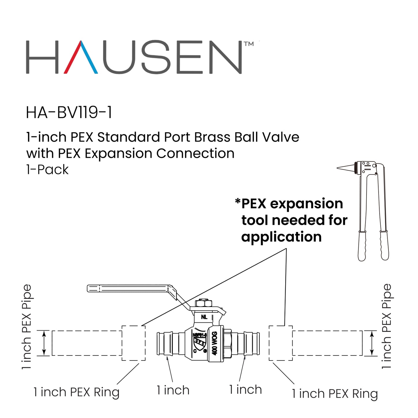 Hausen 1-inch PEX Standard Port Brass Ball Valve with PEX Expansion Connection, 1-Pack