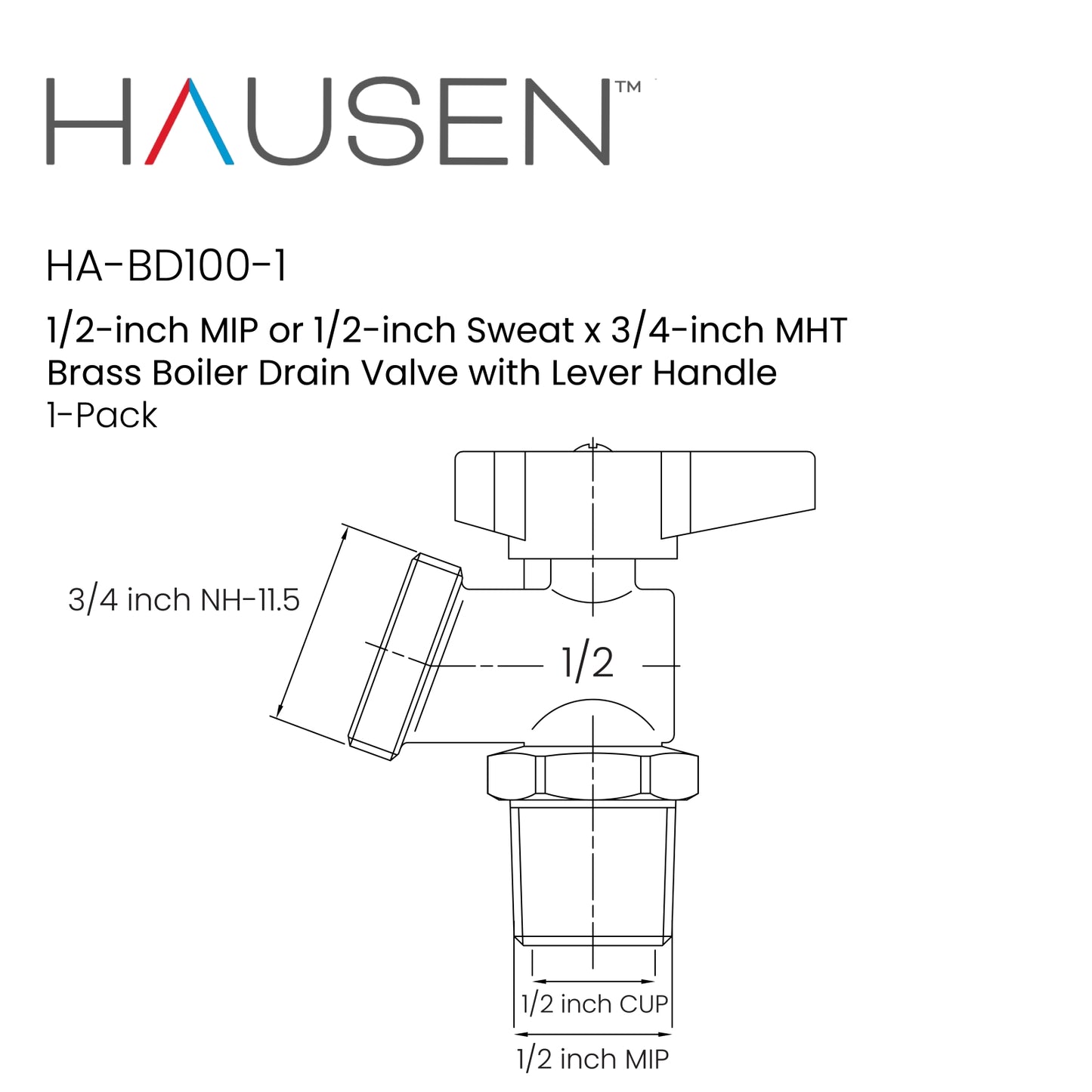 Hausen 1/2-inch MIP or 1/2-inch Sweat x 3/4-inch MHT Brass Boiler Drain Valve with Lever Handle, 1-Pack