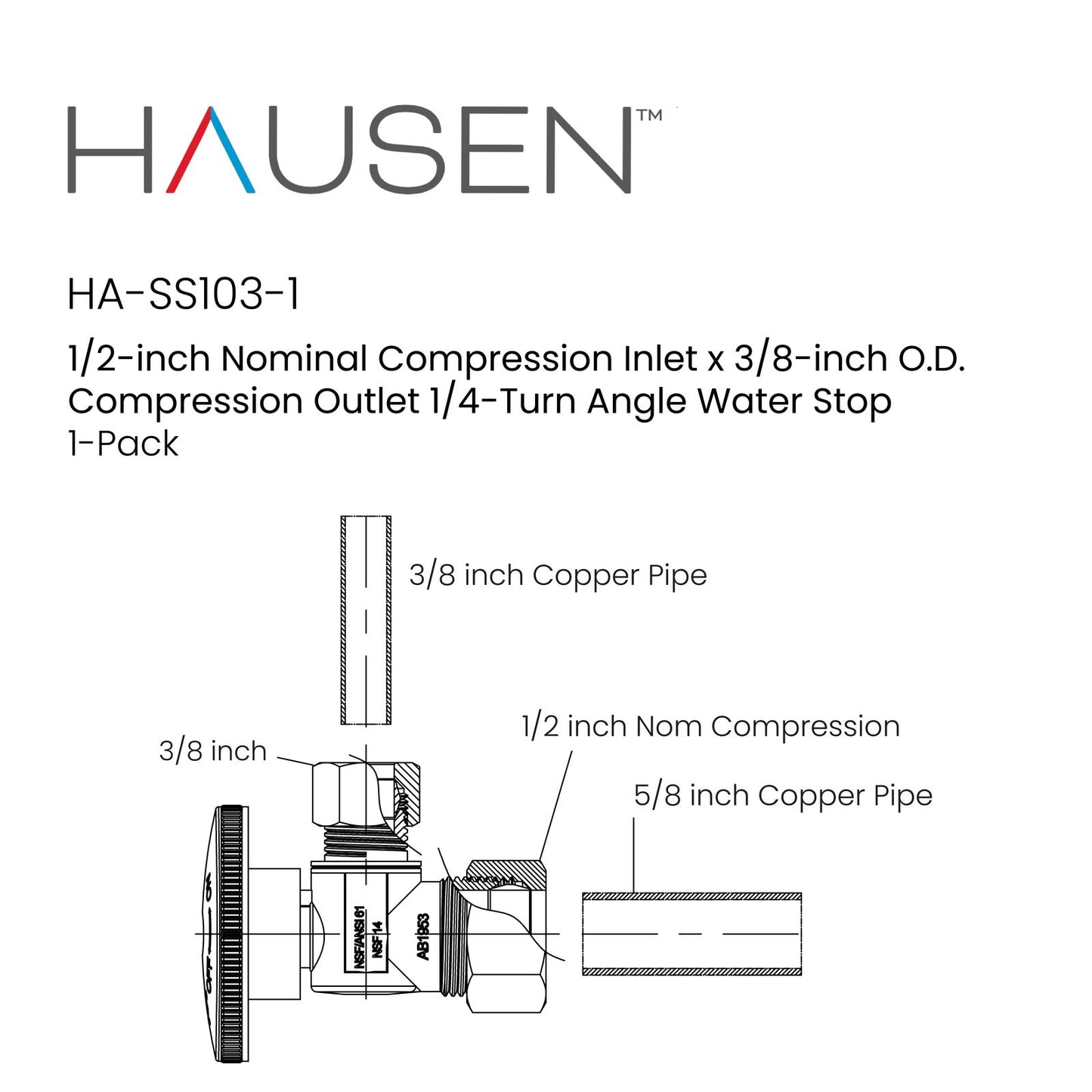 Hausen 1/2-inch Nominal Compression Inlet x 3/8-inch O.D. Compression Outlet 1/4-Turn Angle Water Stop, 1-Pack