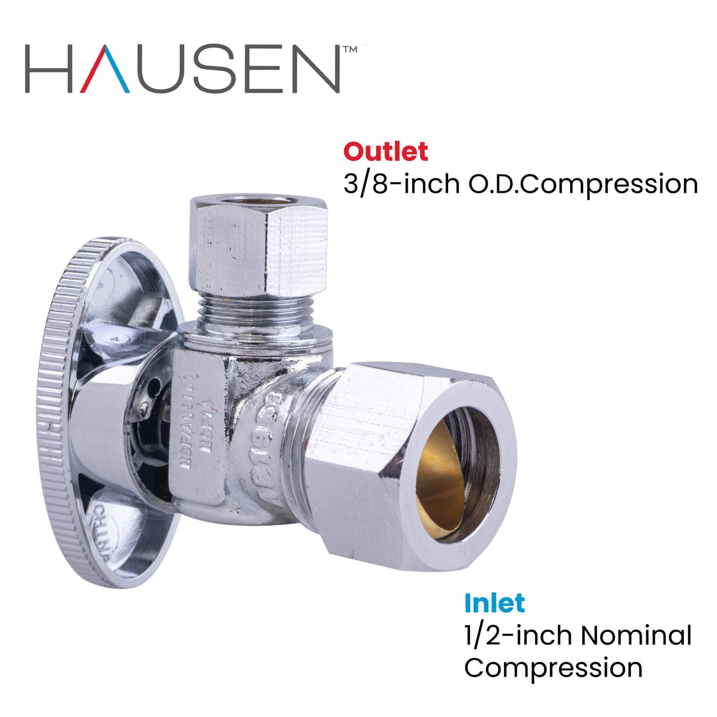 Hausen 1/2-inch Nominal Compression Inlet x 3/8-inch O.D. Compression Outlet 1/4-Turn Angle Water Stop; Lead-Free Forged Brass; Chrome-Plated; cUPC/ANSI/NSF Certified; Compatible with Copper Piping, 5-Pack