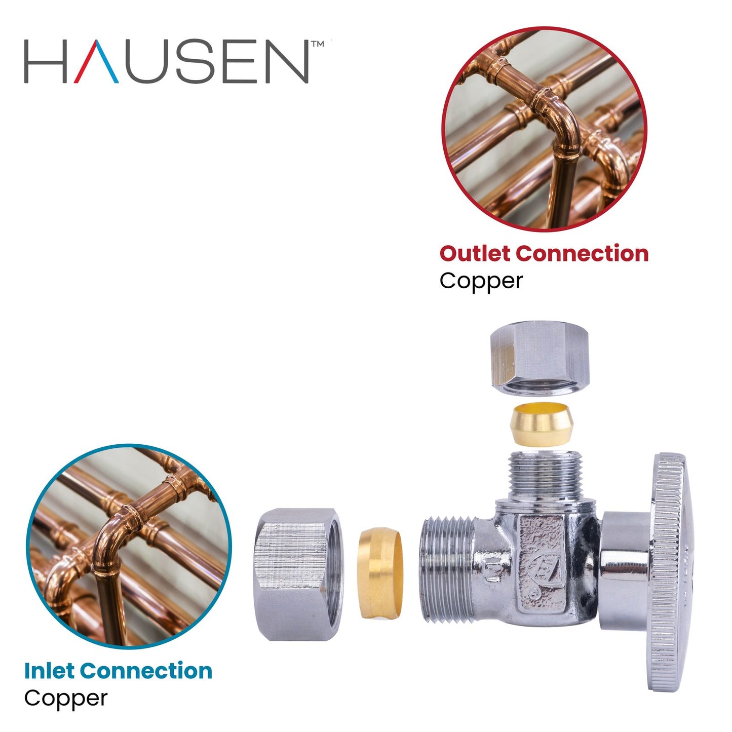 Hausen 1/2-inch Nominal Compression Inlet x 3/8-inch O.D. Compression Outlet 1/4-Turn Angle Water Stop; Lead-Free Forged Brass; Chrome-Plated; cUPC/ANSI/NSF Certified; Compatible with Copper Piping, 5-Pack