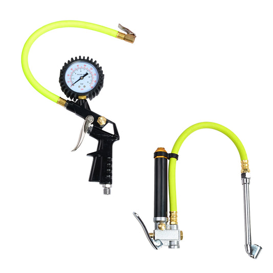 Inflator Gun w/ Built-In Gauge, 13" 1/4-inch Diameter Air Hose Max PSI 300 and 1/4" Brass Male Industrial Plug + Dual Foot Inflator Gauge w/ Dual Head Chuck and Relief Valve, 13" 1/4-inch Diameter Air Hose Max PSI 300, and 1/4" Male Industrual Quick-Conne
