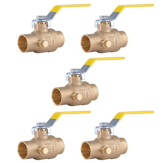 Hausen 1-inch Sweat x 1-inch Sweat Standard Port Brass Ball Valve with Drain; Lead Free Forged Brass; Blowout Resistant Stem; For Use in Potable Water, Oil and Gas Distribution Systems, 5-Pack