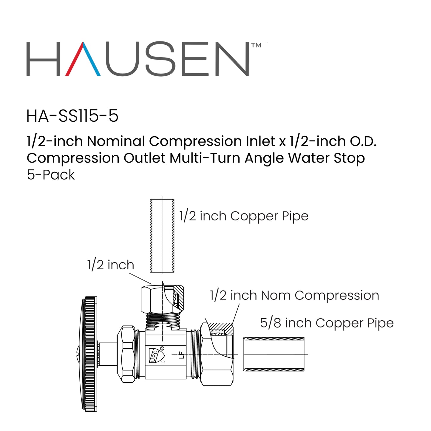 Hausen 1/2-inch Nominal Compression Inlet x 1/2-inch O.D. Compression Outlet Multi-Turn Angle Water Stop; Lead-Free Forged Brass; Chrome-Plated; cUPC/ANSI/NSF Certified; Compatible with Copper Piping, 5-Pack