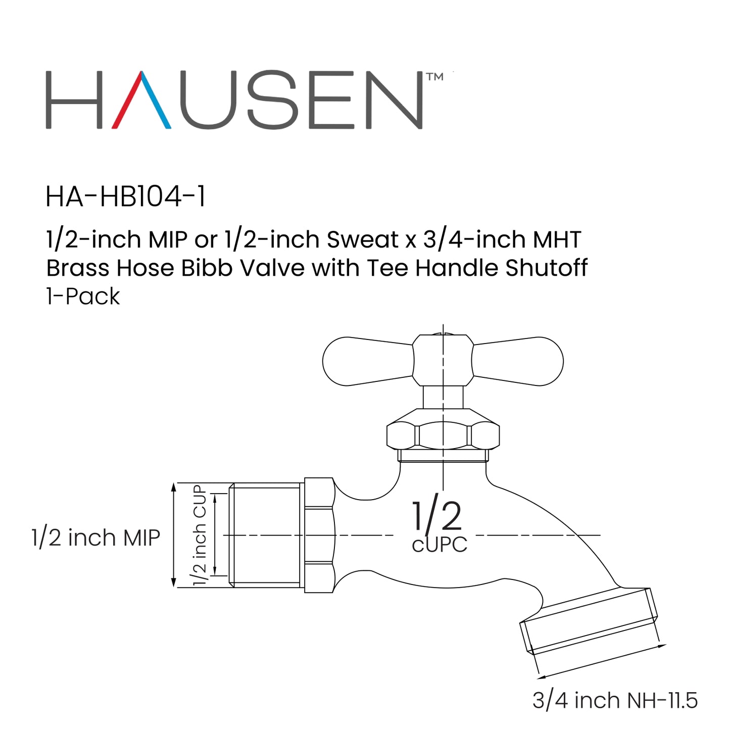 Hausen 1/2-inch MIP or 1/2-inch Sweat x 3/4-inch MHT Brass Hose Bibb Valve with Tee Handle Shutoff, 1-pack