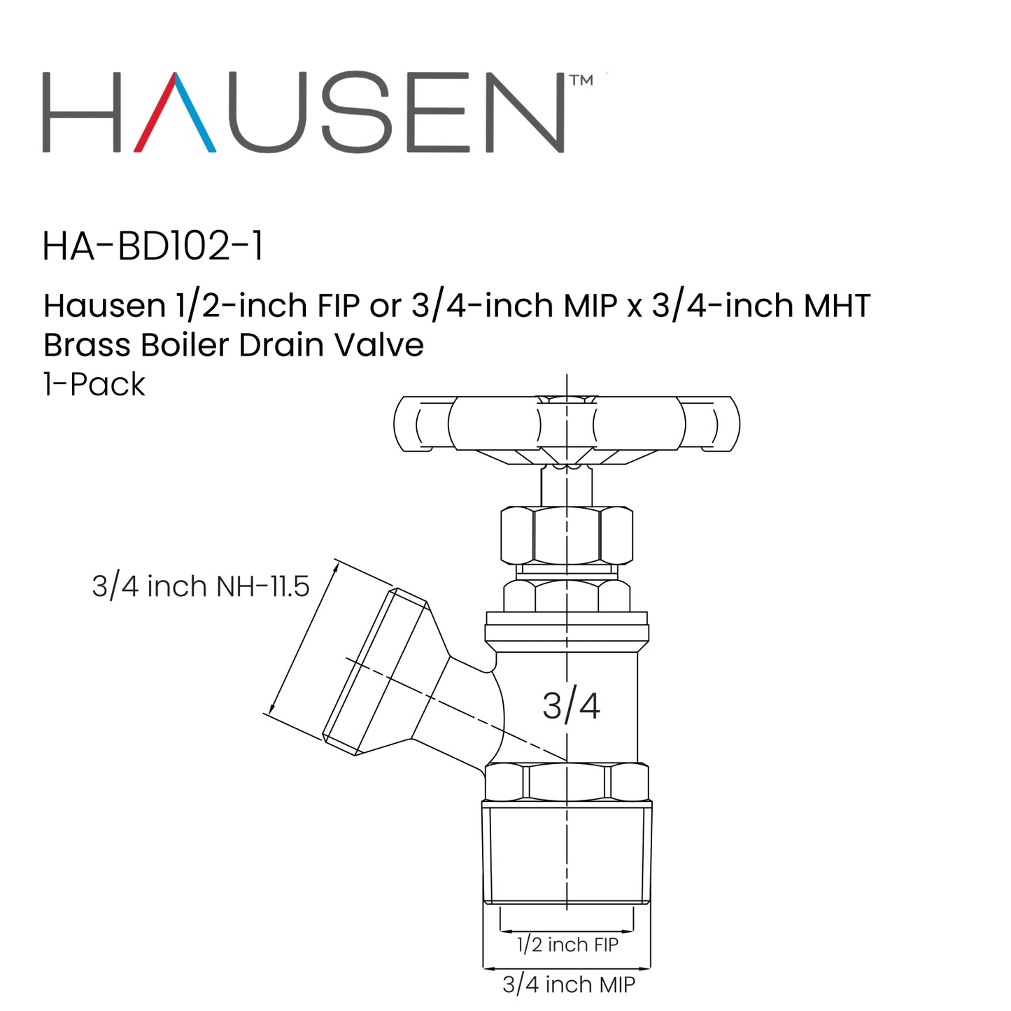 Hausen 1/2-inch FIP or 3/4-inch MIP x 3/4-inch MHT Brass Boiler Drain Valve, 1-Pack