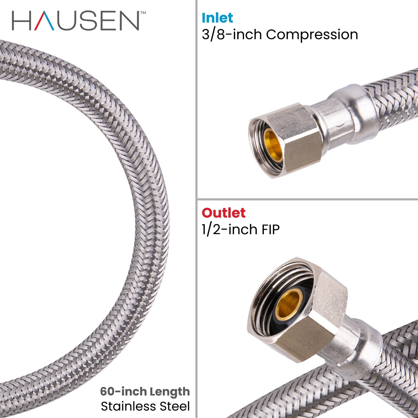 Hausen 3/8-inch Compression x 1/2-inch FIP (Female Iron Pipe) x 60-inch Length Stainless Steel Faucet Water Supply Connector; Lead Free; cUPC and NSF-61 Certified; Compatible with Standard Faucets, 2-Pack