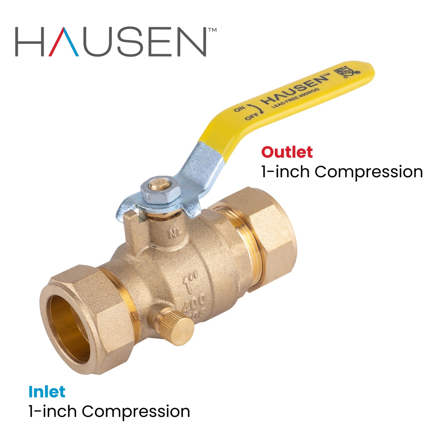 Hausen 1-inch Compression Standard Port Brass Ball Valve with Drain; Lead Free Forged Brass; Blowout Resistant Stem; For Use in Potable Water, Oil and Gas Distribution Systems, 5-Pack