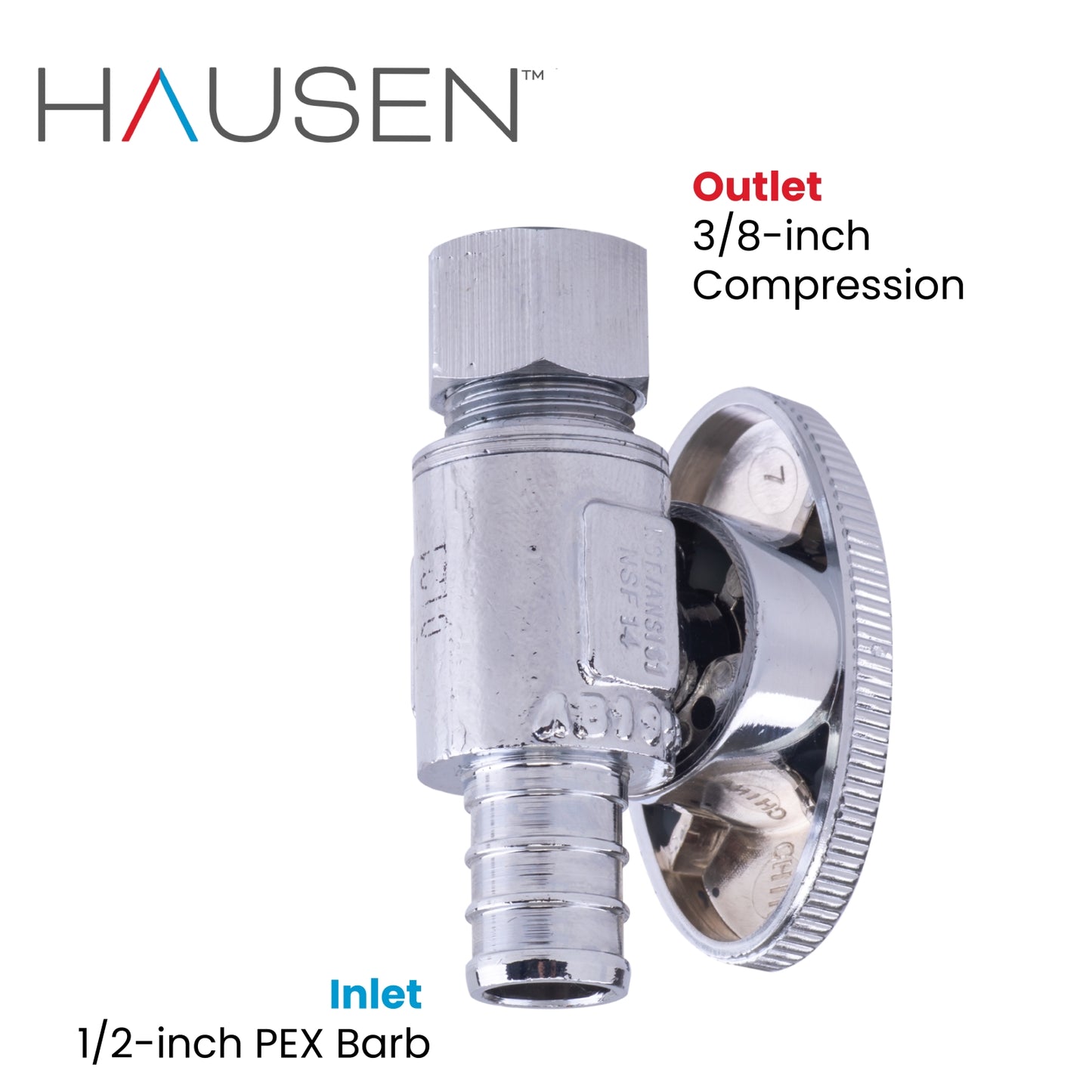 Hausen 1/2-inch PEX Barb x 3/8-inch Compression Outlet 1/4-Turn Straight Water Stop; Lead-Free Forged Brass; Chrome-Plated; cUPC/ANSI/NSF Certified; Compatible with PEX and Copper Piping, 20-Pack