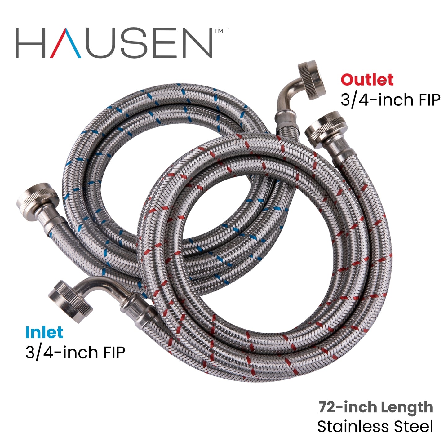Hausen 3/4-inch FIP (Female Iron Pipe) x 3/4-inch FIP (Female Iron Pipe) x 72-inch (6-Feet) Length Stainless Steel Washing Machine Water Supply Connector with Elbow; For Cold & Hot Water Connections, 1-Pack