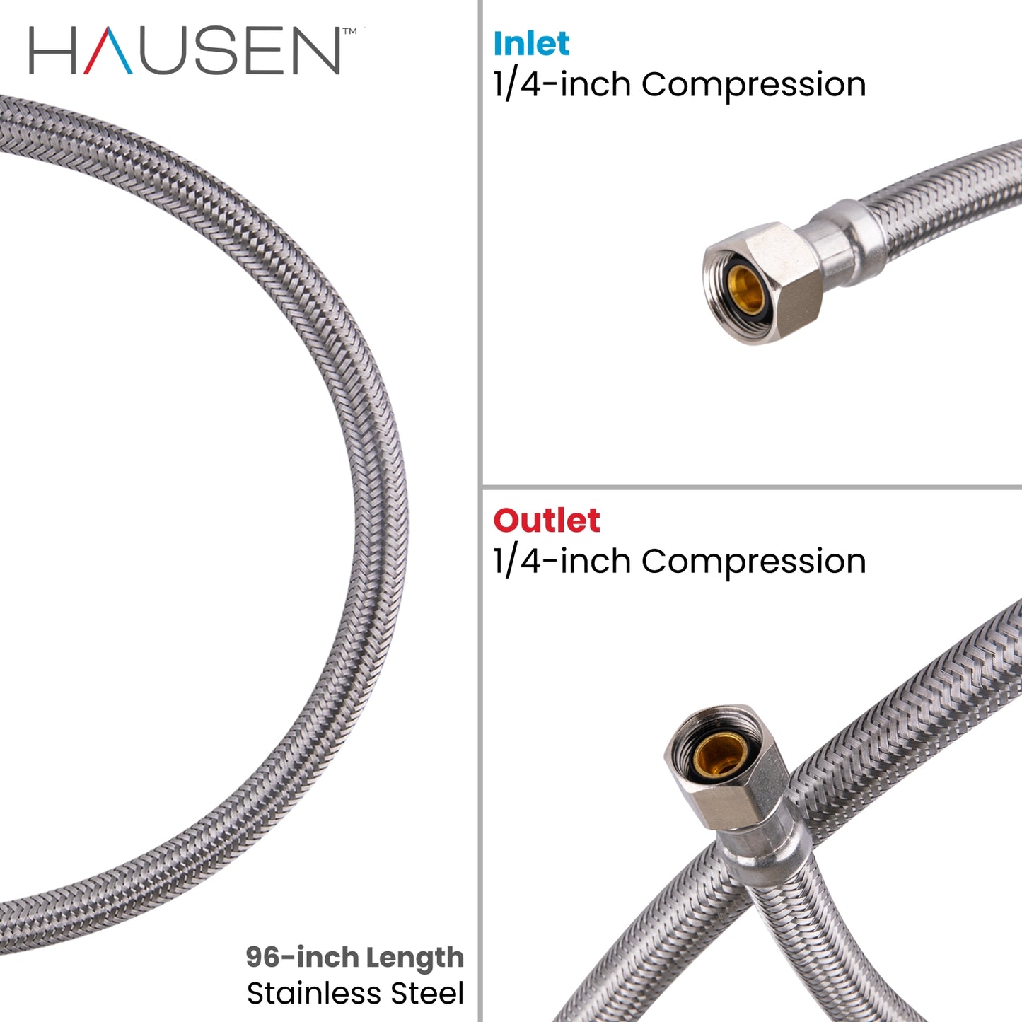 Hausen 1/4-inch Compression x 1/4-inch Compression x 96-inch (8-Feet) Length Stainless Steel Ice Maker Water Supply Connector; Lead Free; Compatible with Standard Refrigerators, 1-Pack