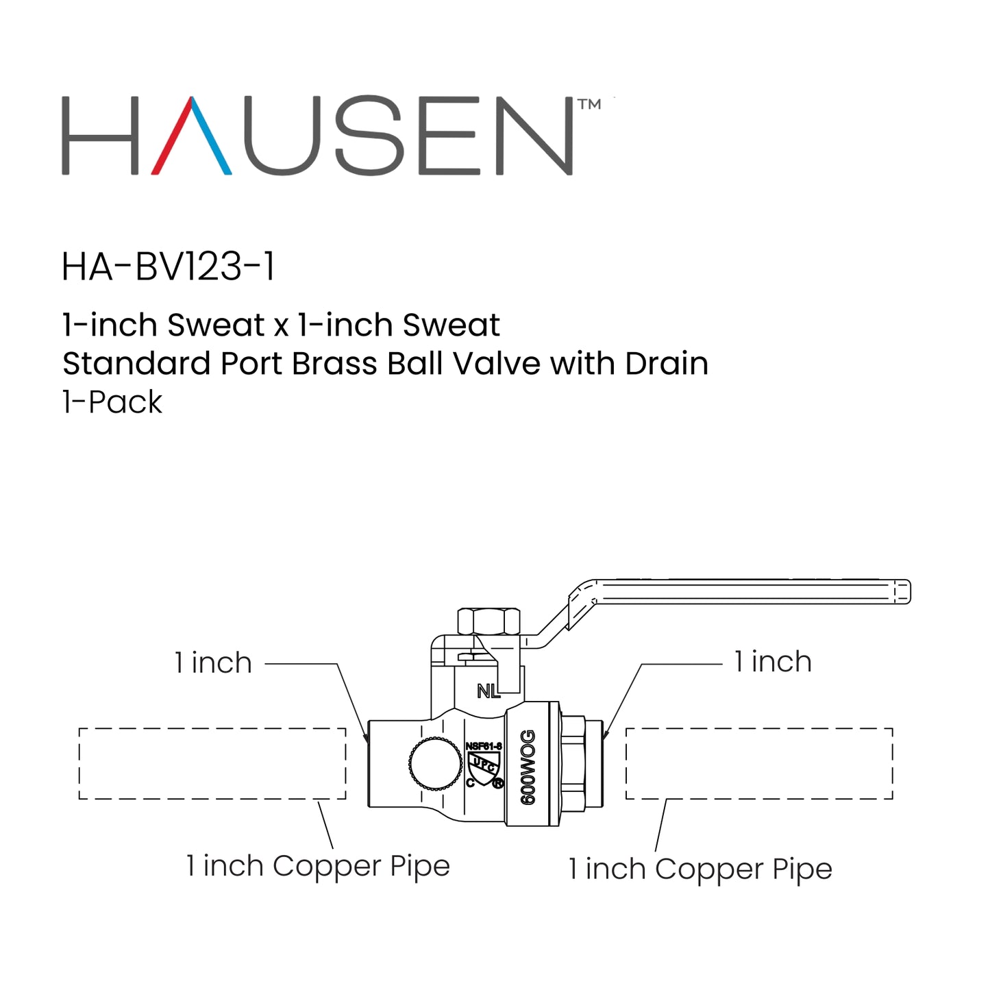 Hausen 1-inch Sweat x 1-inch Sweat Standard Port Brass Ball Valve with Drain, 1-Pack