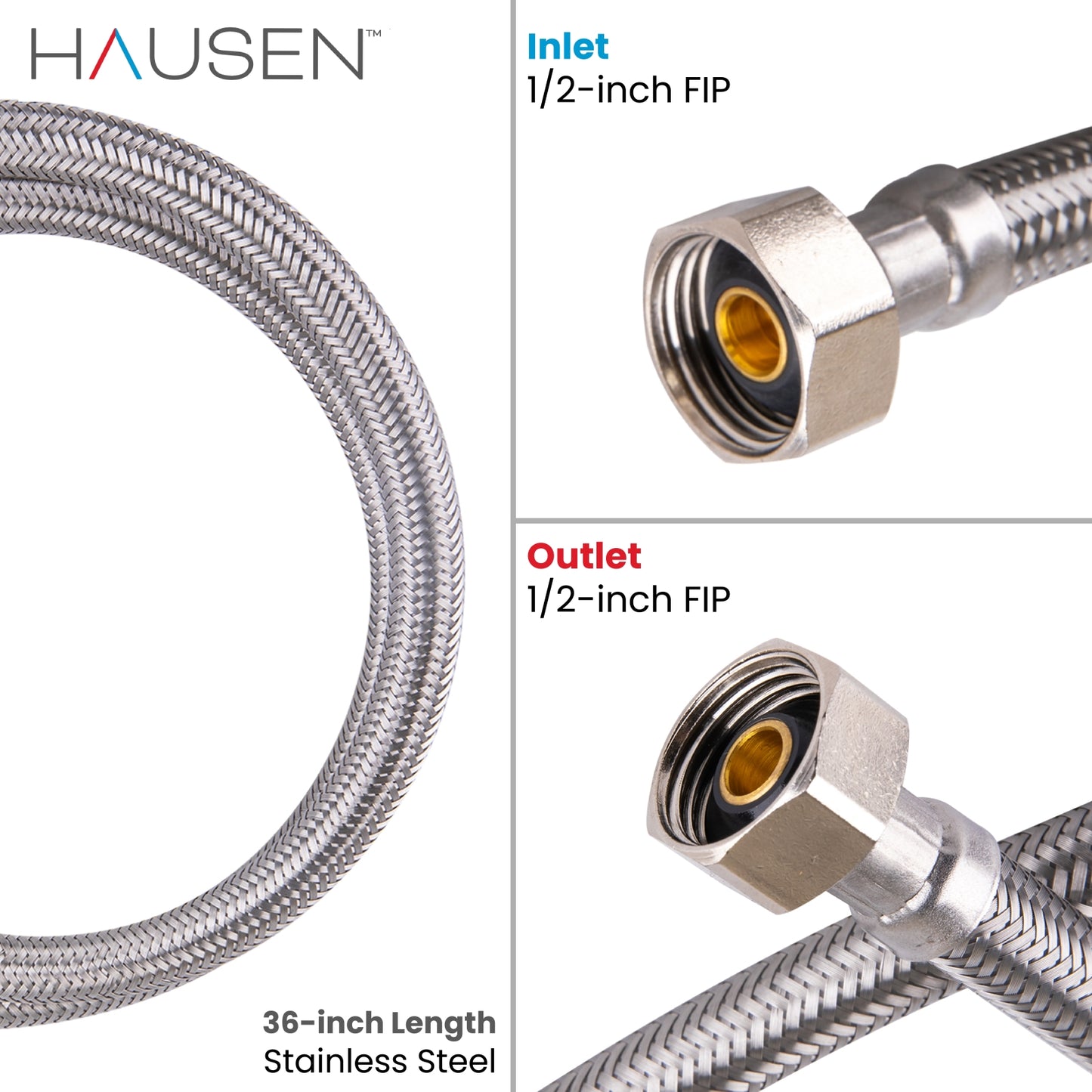Hausen 1/2-inch FIP (Female Iron Pipe) x 1/2-inch FIP (Female Iron Pipe) x 36-inch Length Stainless Steel Faucet Water Supply Connector; Lead Free; Compatible with Standard Faucets, 2-Pack