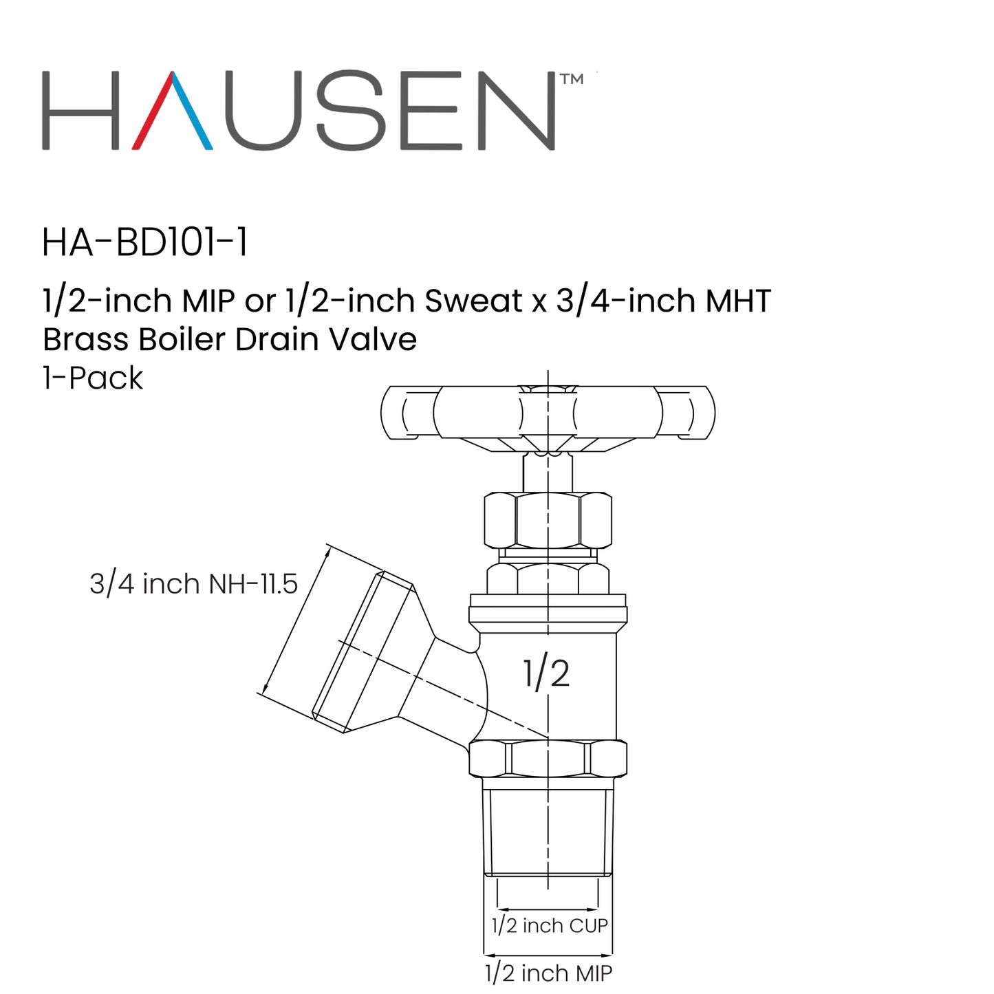 Hausen 1/2-inch MIP or 1/2-inch Sweat x 3/4-inch MHT Brass Boiler Drain Valve, 1-Pack