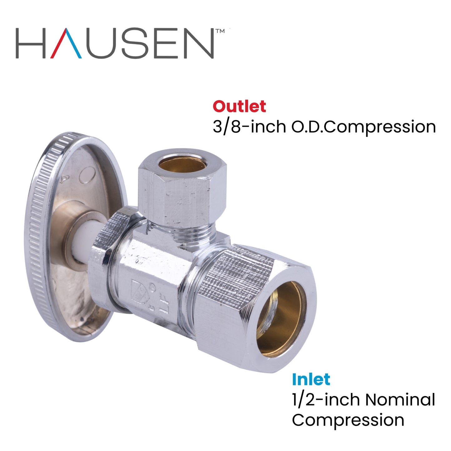 Hausen 1/2-inch Nominal Compression Inlet x 3/8-inch O.D. Compression Outlet Multi-Turn Angle Water Stop; Lead-Free Forged Brass; Chrome-Plated; Compatible with Copper Piping, 10-Pack