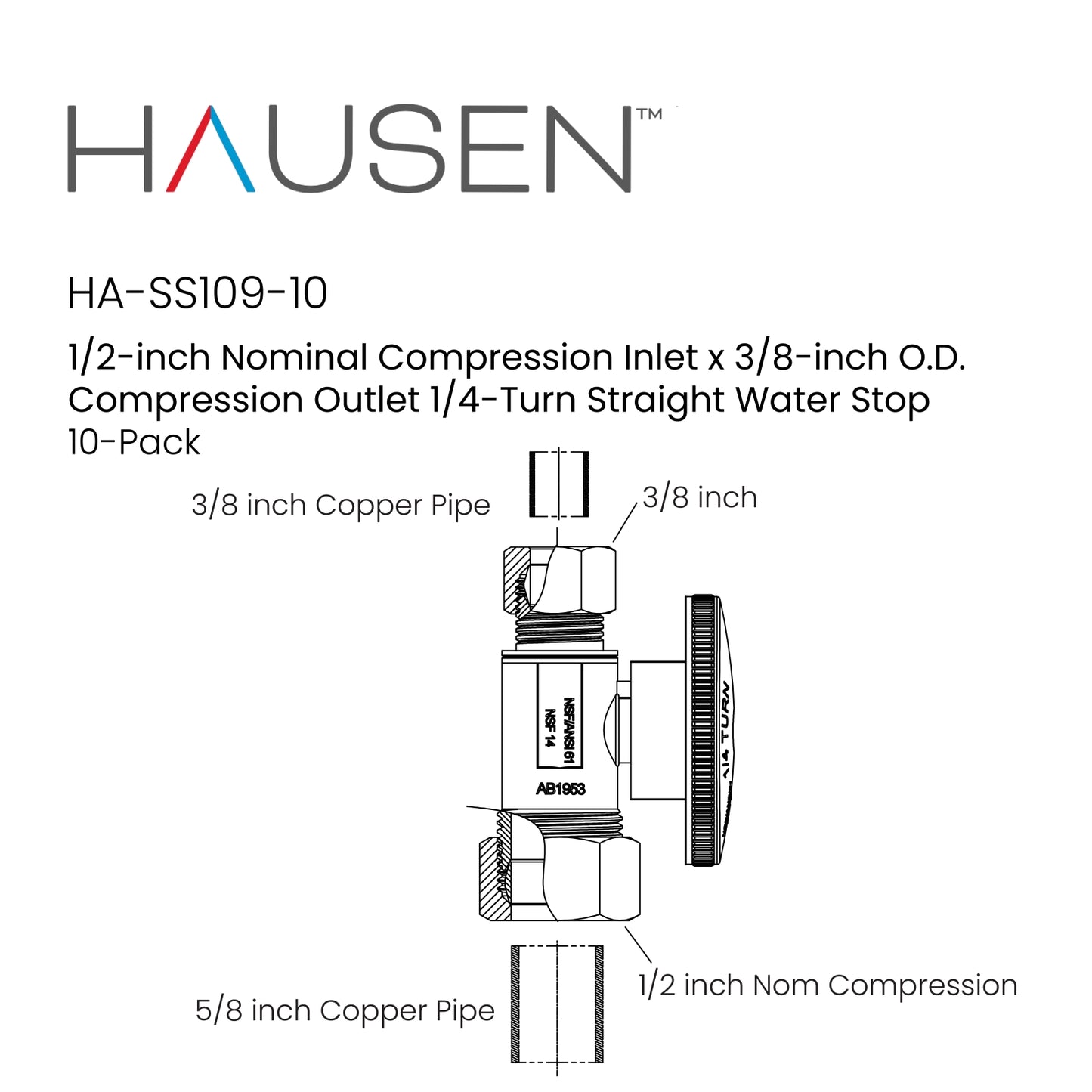 Hausen 1/2-inch Nominal Compression Inlet x 3/8-inch O.D. Compression Outlet 1/4-Turn Straight Water Stop; Lead-Free Forged Brass; Chrome-Plated; Compatible with Copper Piping, 10-Pack