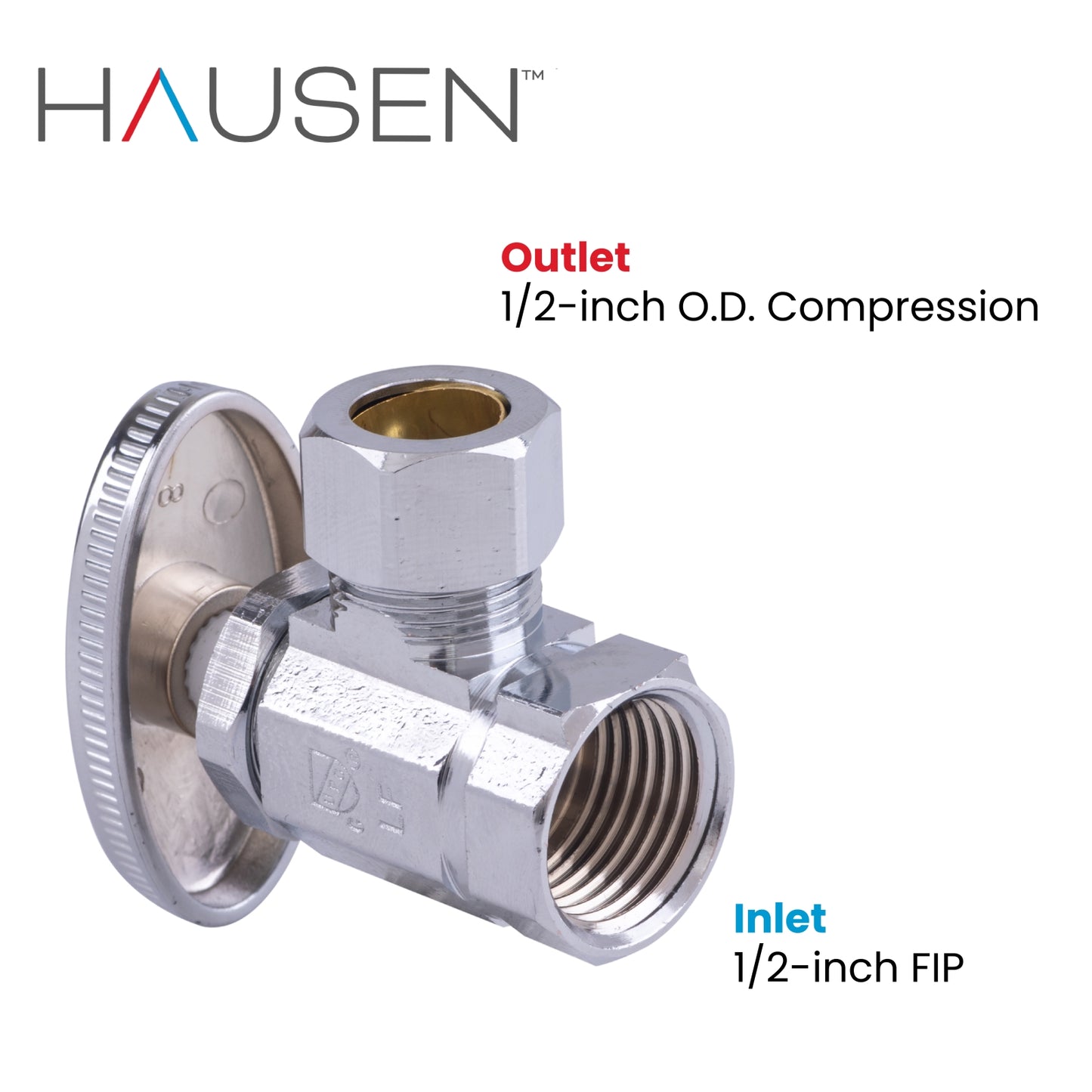 Hausen 1/2-inch FIP Inlet x 1/2-inch O.D. Compression Outlet Multi-Turn Angle Water Stop; Lead-Free Forged Brass; Chrome-Plated; cUPC/ANSI/NSF Certified; Compatible with Iron and Copper Piping, 5-Pack