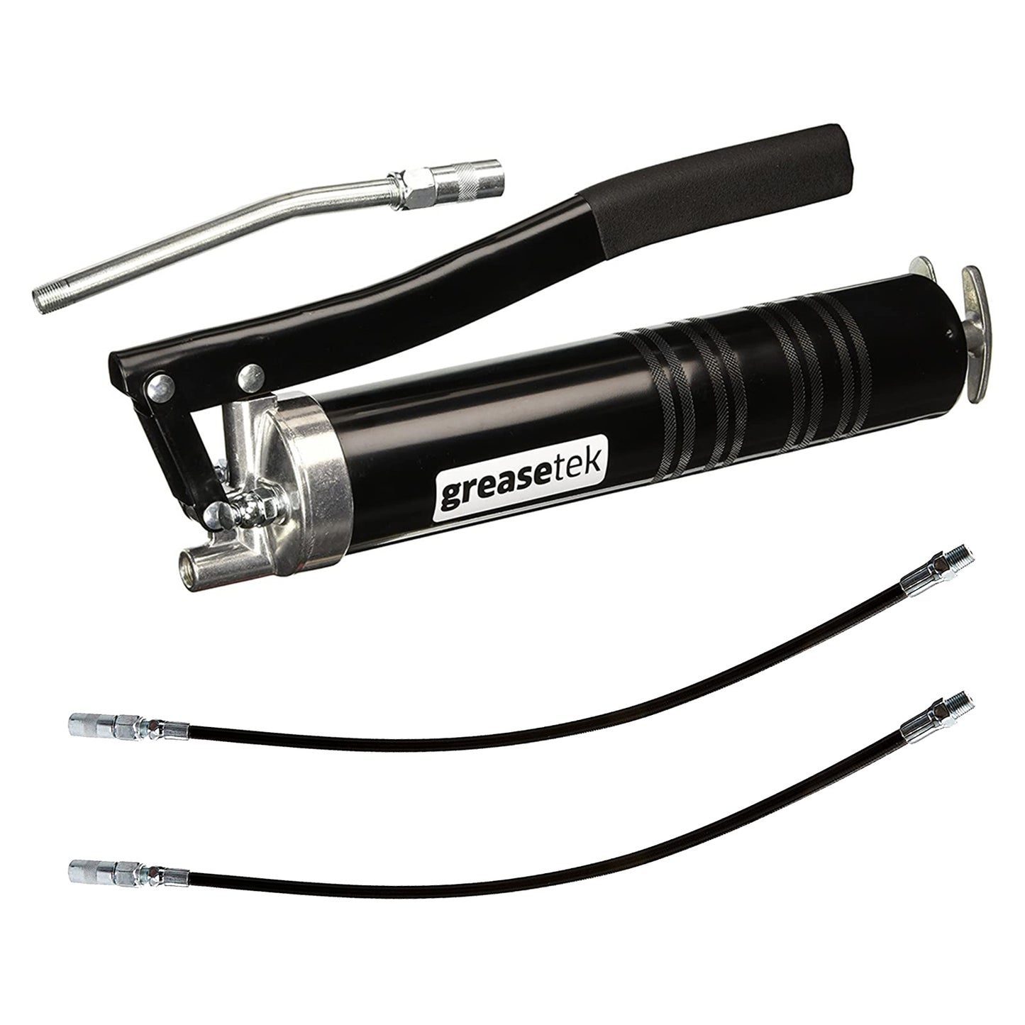 GreaseTek Standard Lever Grease Gun with Extension Pipe + 2 Flex Hoses