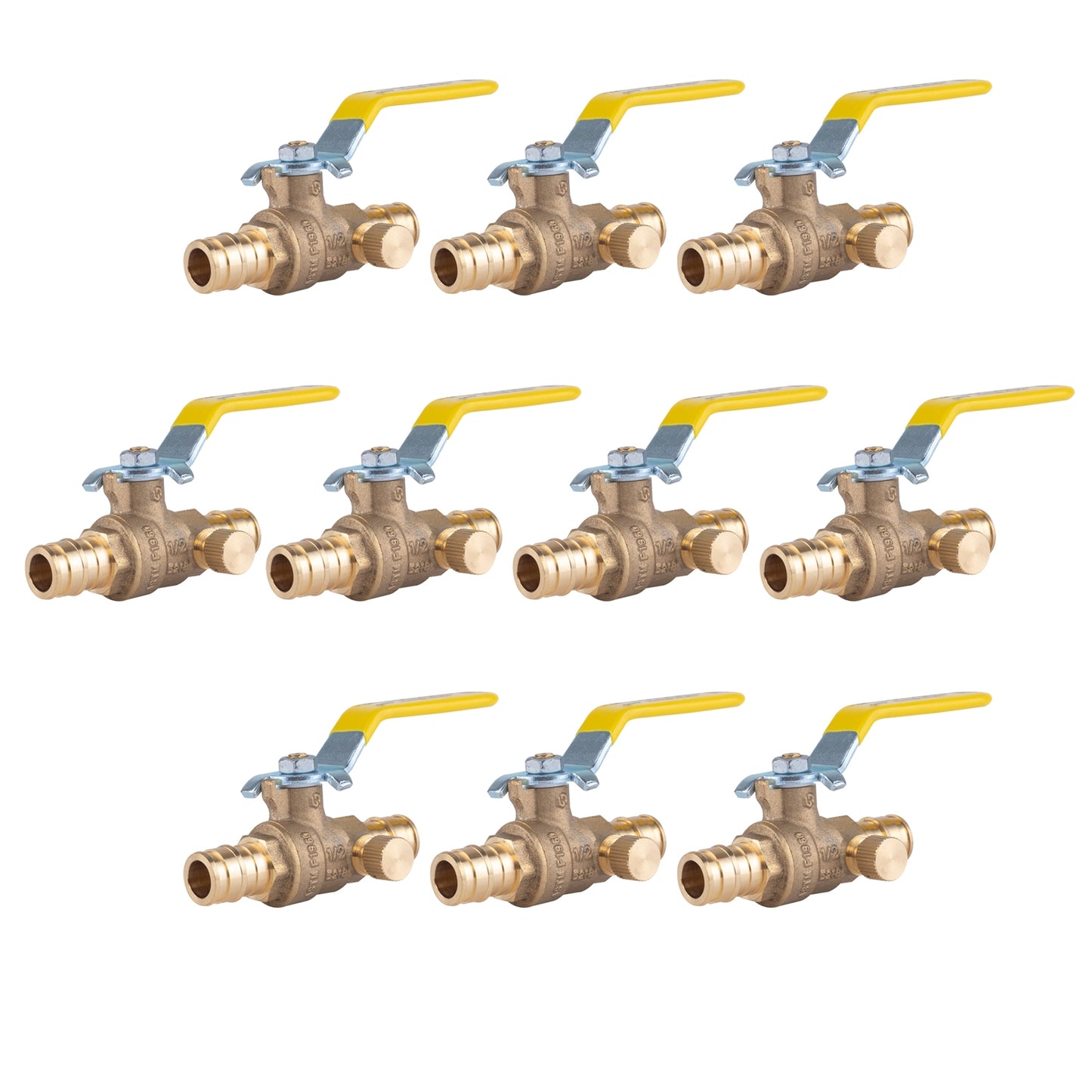 Hausen 1/2-inch PEX Standard Port Brass Ball Valve with Drain; Lead Free Forged Brass; Blowout Resistant Stem; cUPC/ANSI/NSF Certified; For Use in Potable Water, Oil and Gas Distribution Systems, 10-Pack