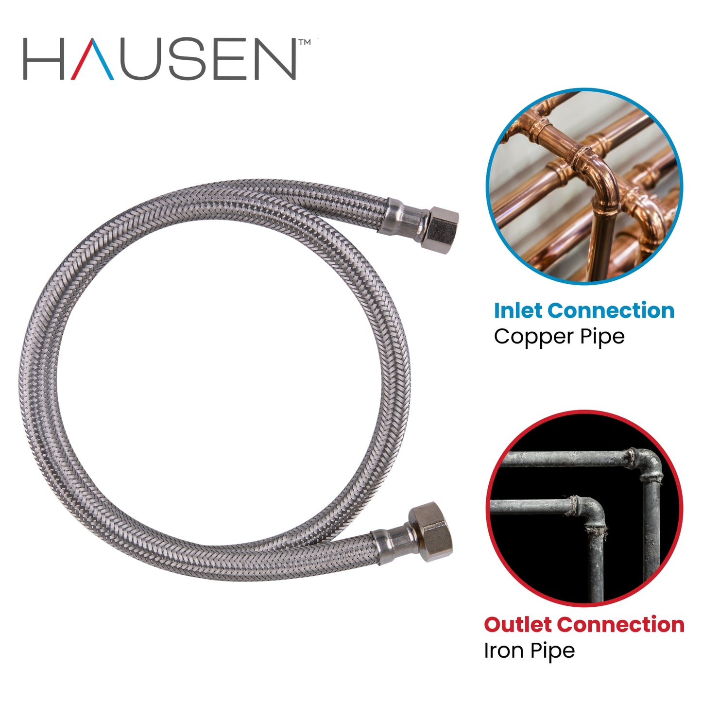 Hausen 3/8-inch Compression x 1/2-inch FIP (Female Iron Pipe) x 36-inch Length Stainless Steel Faucet Water Supply Connector; Lead Free; cUPC and NSF-61 Certified; Compatible with Standard Faucets, 2-Pack