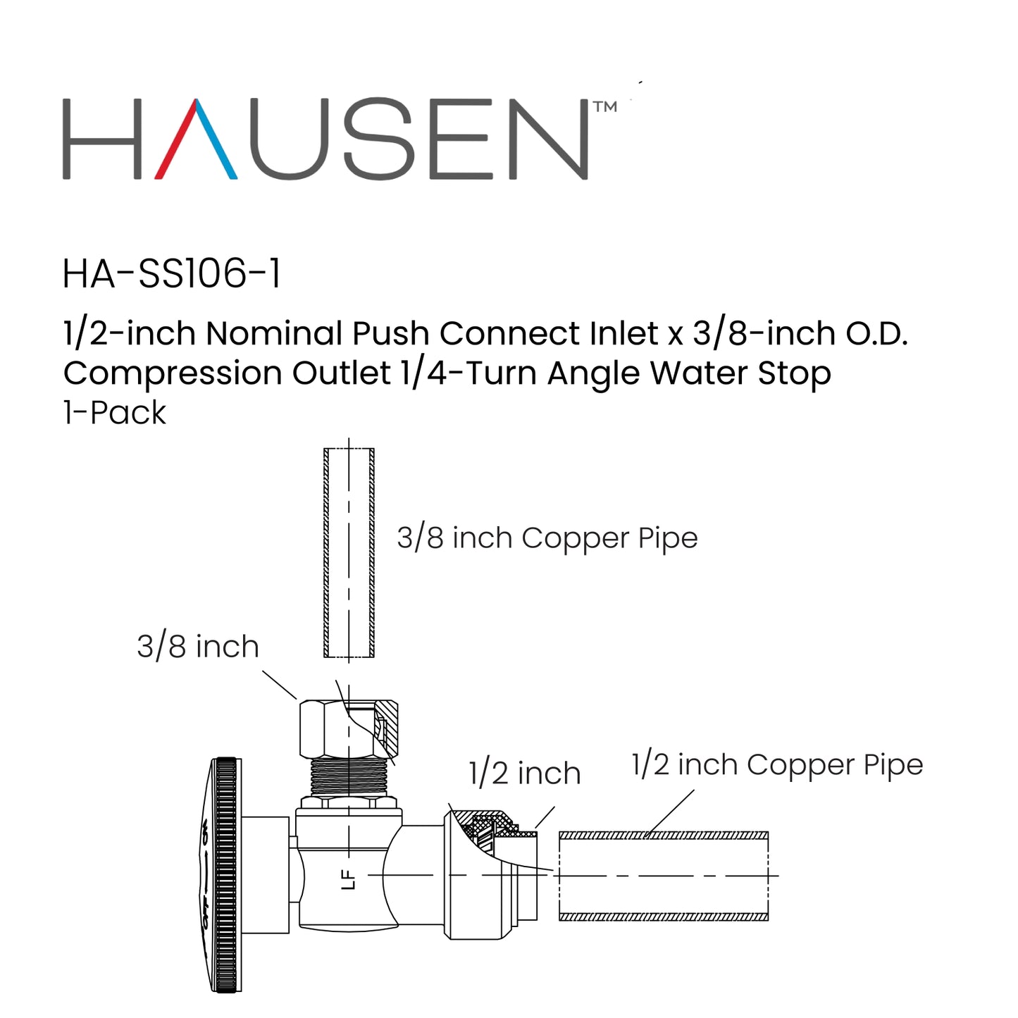 Hausen 1/2-inch Nominal Push Connect Inlet x 3/8-inch O.D. Compression Outlet 1/4-Turn Angle Water Stop, 1-Pack