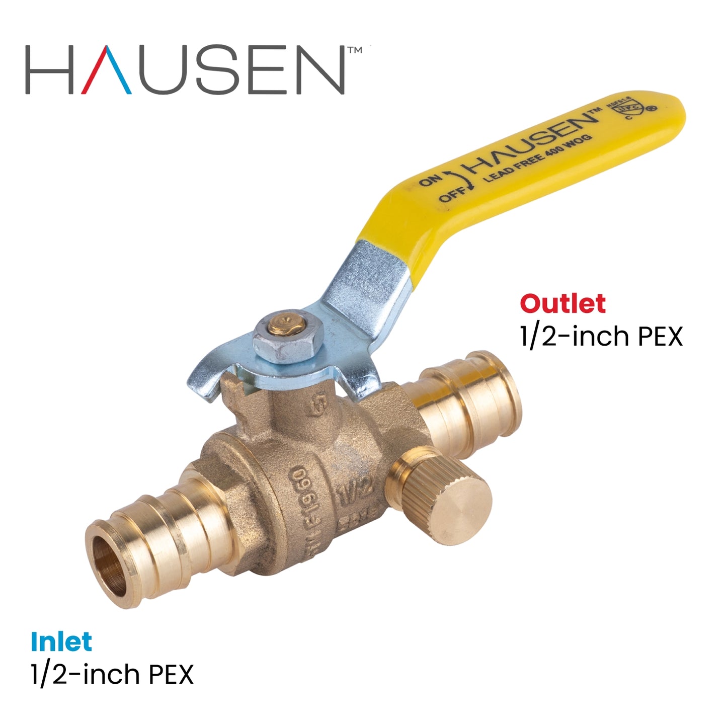 Hausen 1/2-inch PEX Standard Port Brass Ball Valve with Drain; Lead Free Forged Brass; Blowout Resistant Stem; cUPC/ANSI/NSF Certified; For Use in Potable Water, Oil and Gas Distribution Systems, 10-Pack