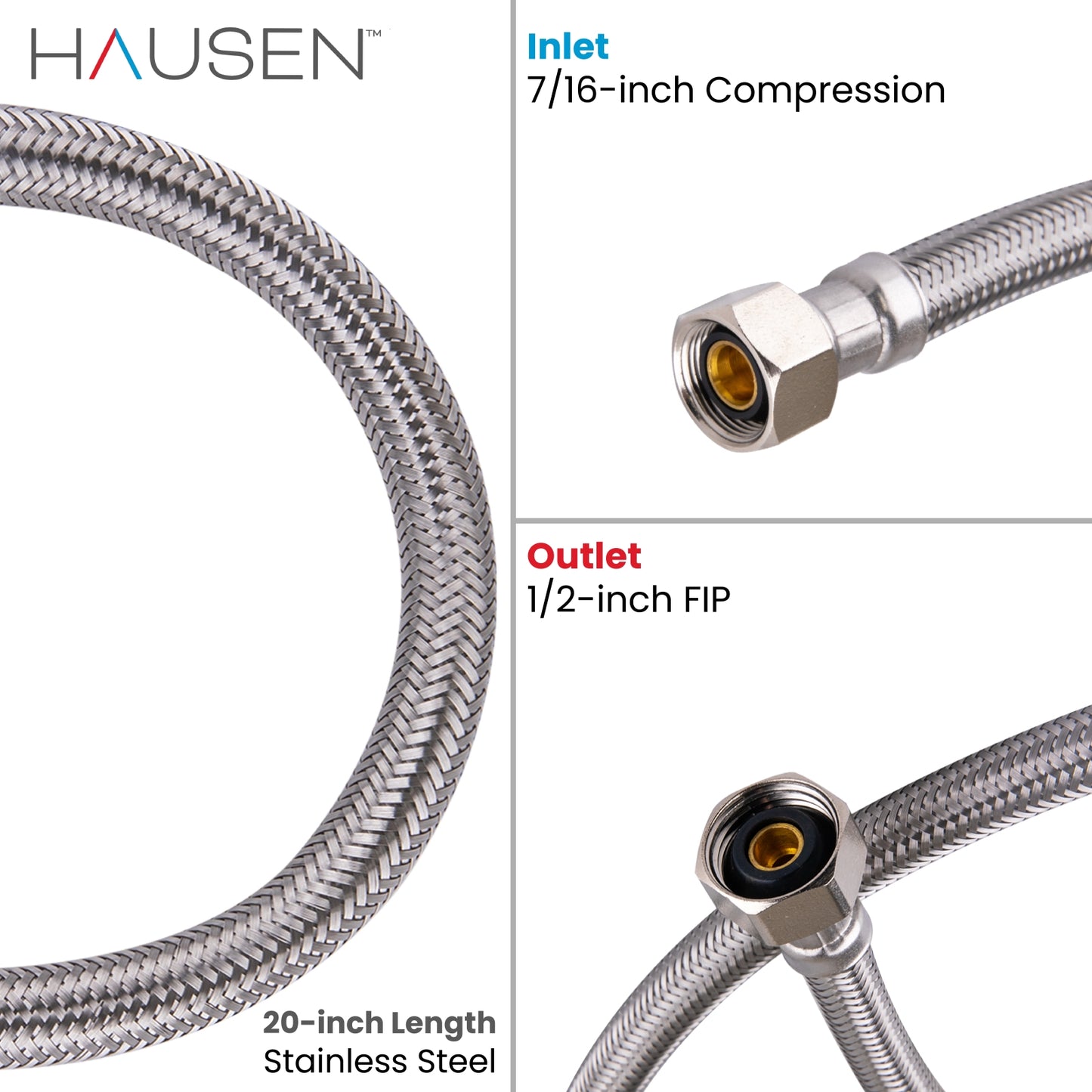 Hausen 7/16-inch Compression x 1/2-inch FIP (Female Iron Pipe) x 20-inch Length Stainless Steel Faucet Water Supply Connector; Lead Free; cUPC and NSF-61 Certified; Compatible with Standard Faucets, 2-Pack