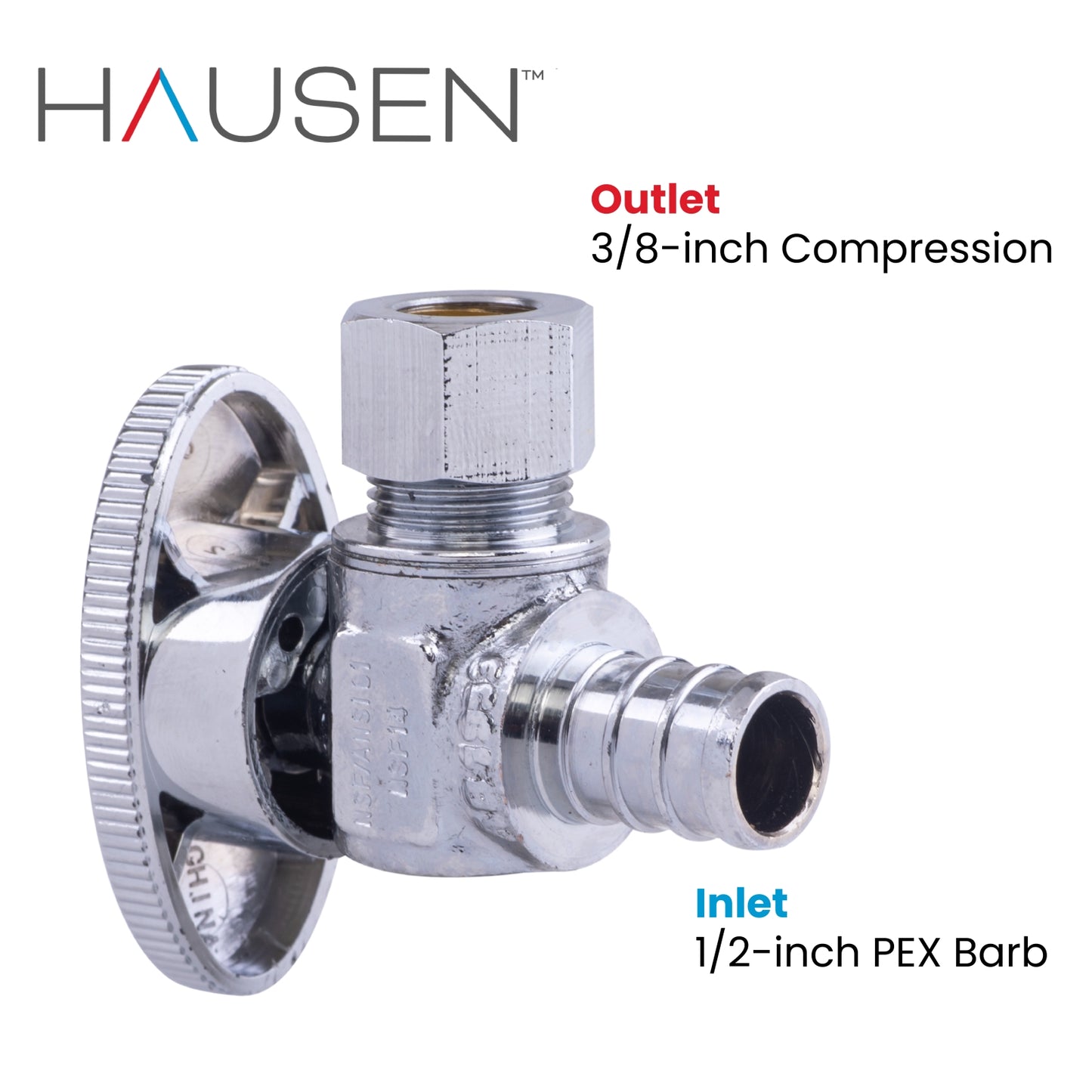 Hausen 1/2-inch PEX Barb x 3/8-inch Compression Outlet 1/4-Turn Angle Water Stop; Lead-Free Forged Brass; Chrome-Plated; cUPC/ANSI/NSF Certified; Compatible with PEX and Copper Piping, 20-Pack