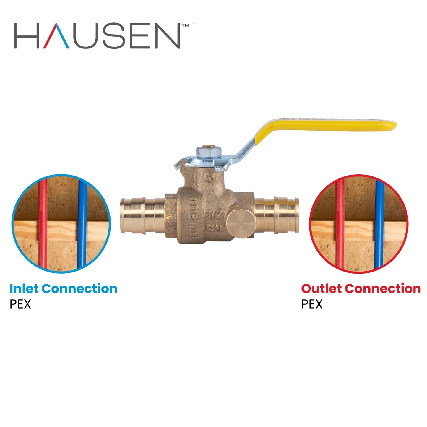 Hausen 1/2-inch PEX Standard Port Brass Ball Valve with Drain; Lead Free Forged Brass; Blowout Resistant Stem; cUPC/ANSI/NSF Certified; For Use in Potable Water, Oil and Gas Distribution Systems, 10-Pack
