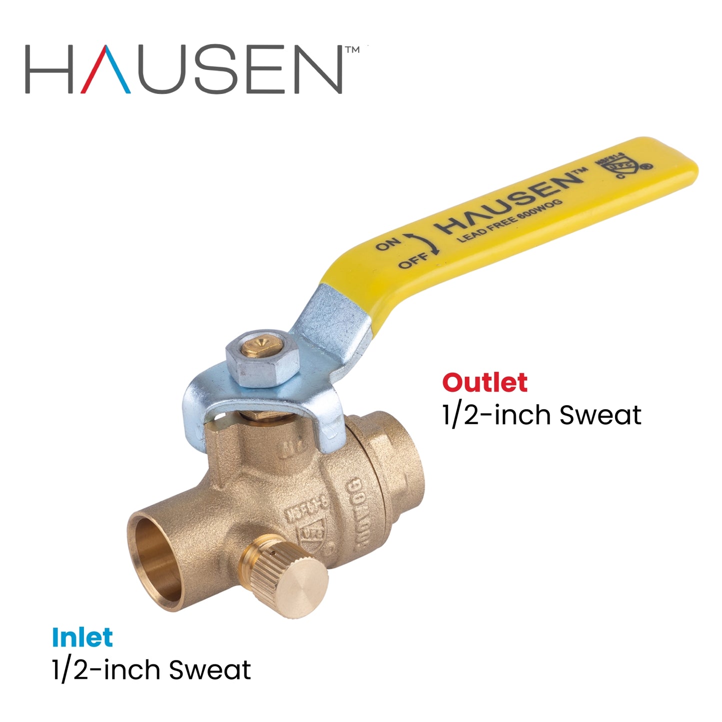 Hausen 1/2-inch Sweat x 1/2-inch Sweat Full Port Brass Ball Valve with Drain; Lead Free Forged Brass; Blowout Resistant Stem; For Use in Potable Water, Oil and Gas Distribution Systems, 10-Pack