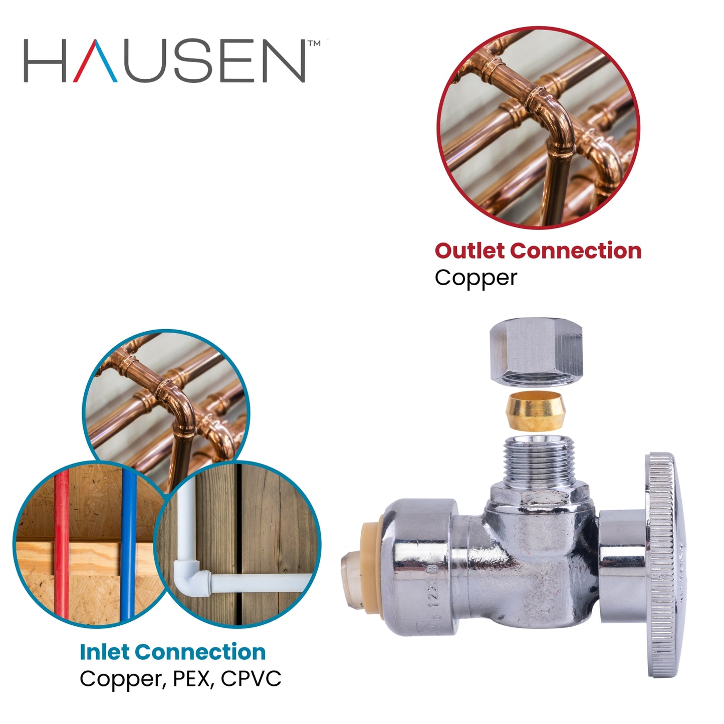 Hausen 1/2-inch Nominal Push Connect Inlet x 3/8-inch O.D. Compression Outlet 1/4-Turn Angle Water Stop; Lead-Free Forged Brass; Chrome-Plated; Compatible with Copper, CPVC and PEX Piping, 10-Pack