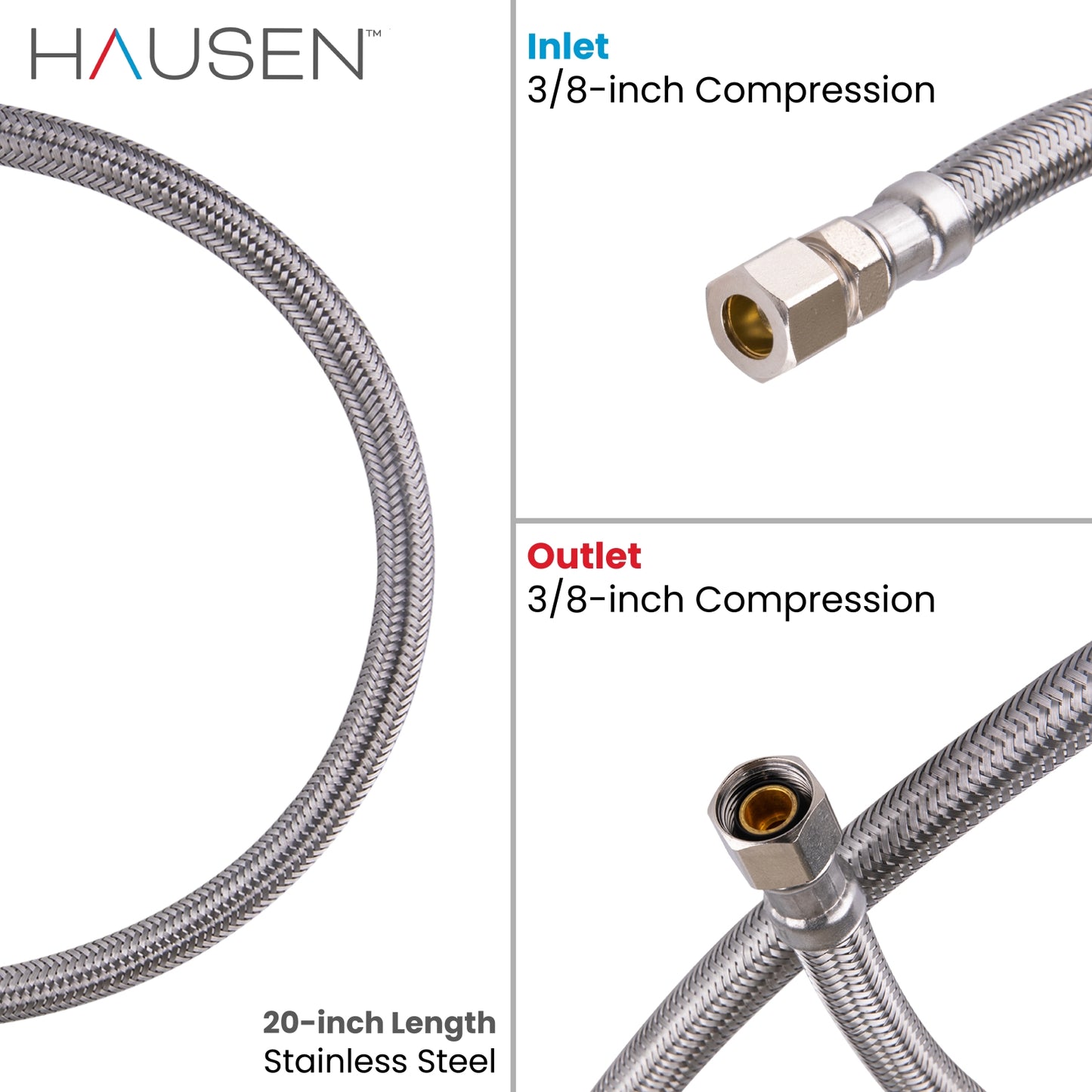 Hausen 3/8-inch Compression x 3/8-inch Compression x 20-inch Length Stainless Steel Faucet Water Supply Connector; Lead Free; cUPC and NSF-61 Certified; Compatible with Standard Faucets, 2-Pack